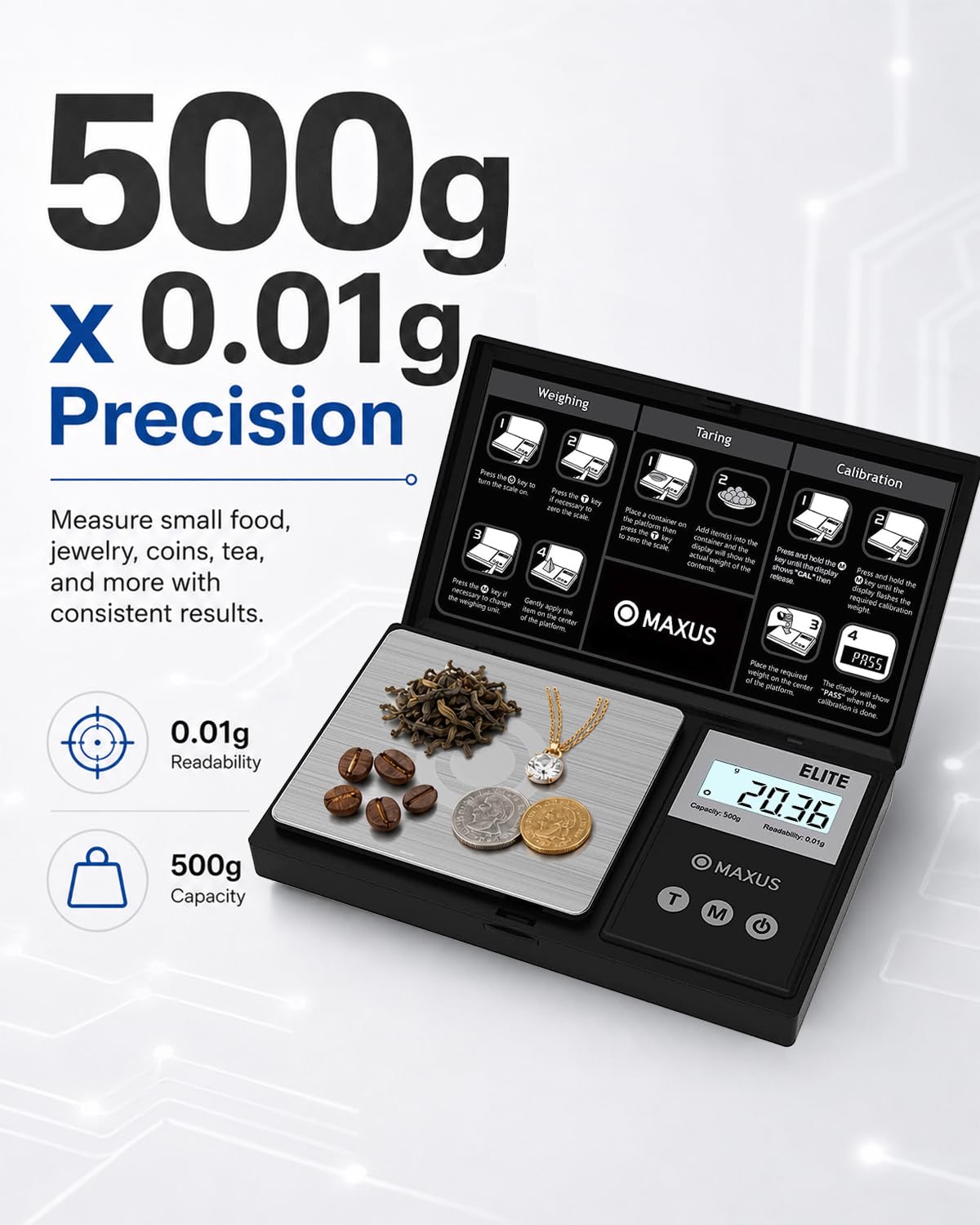 MAXUS Digital Pocket Gram Scale 500g x 0.01g High Precision with Tray, Weighs Small Food, Jewelry, Ounces, Grains, LCD Display, Tare Function