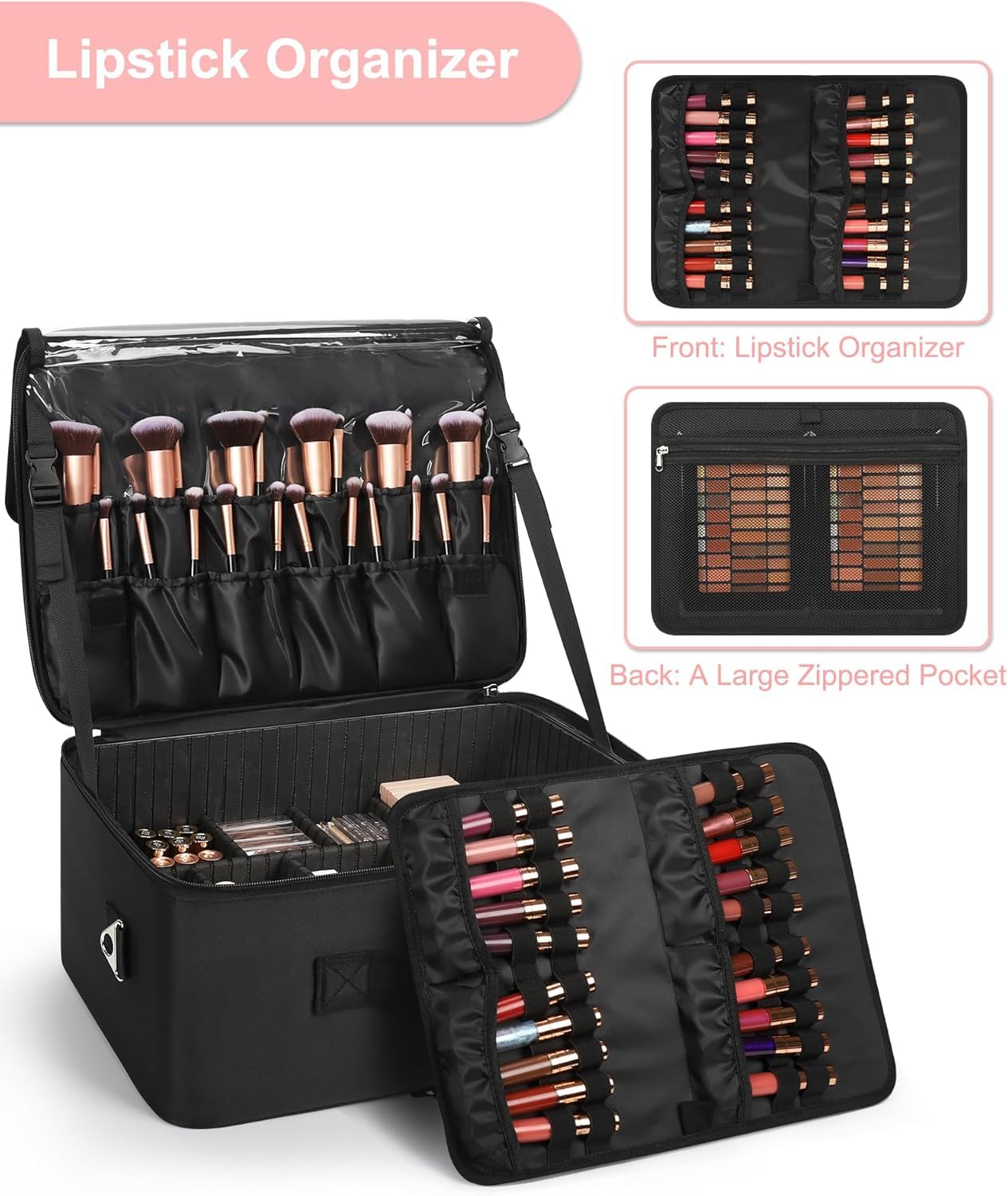 Relavel XXL Make-up-Koffer Professioneller Kosmetik-Organizer mit Pinselhalter 4 Taschen Lippenstift-Platte Schultergurt