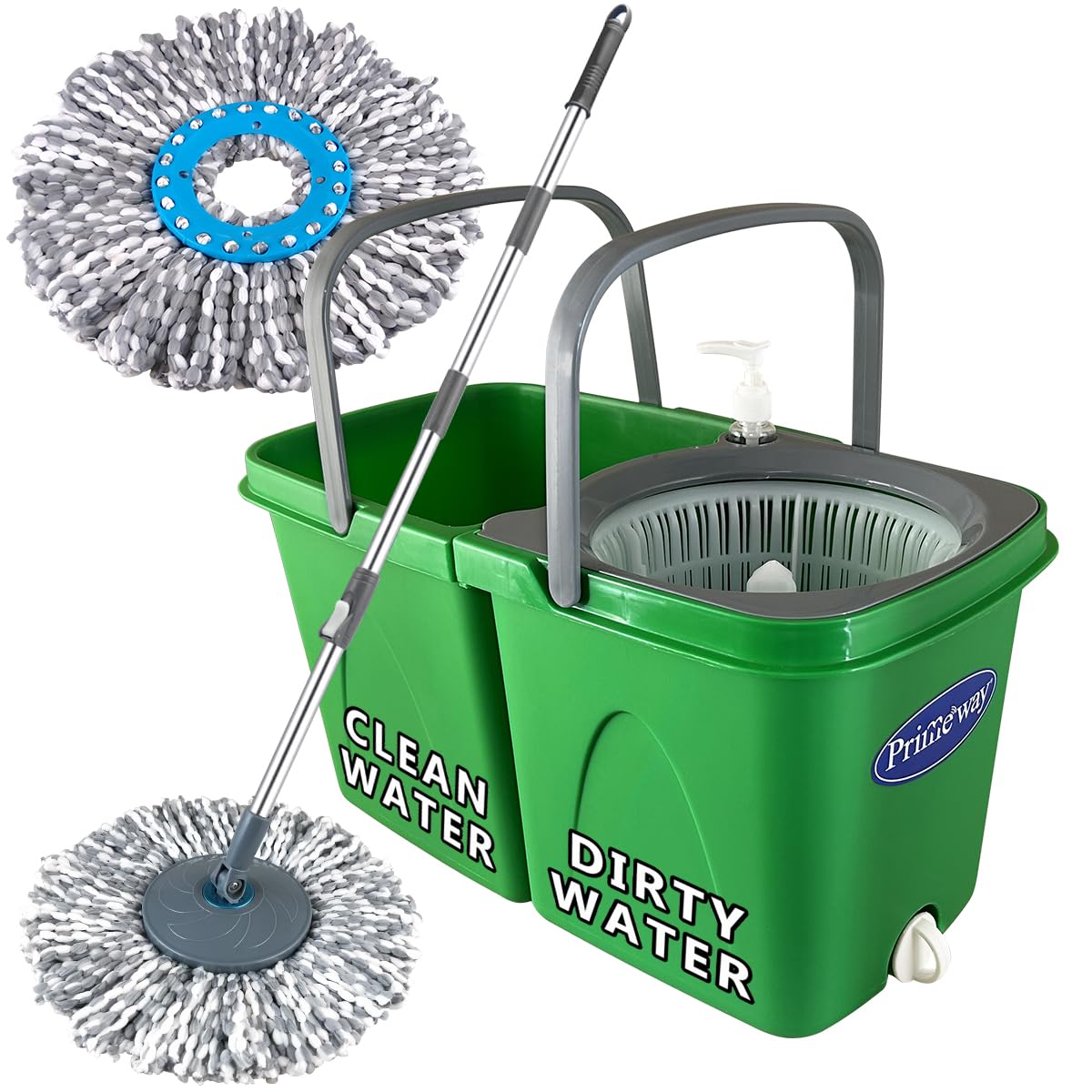 Primeway® PP Twin Bucket 360 Rotating Spin Floor Cleaning Mop with Clean and Dirty Water Separator with 2 Microfibre 38cm Mop Head Refills | 6 LTR (Green)
