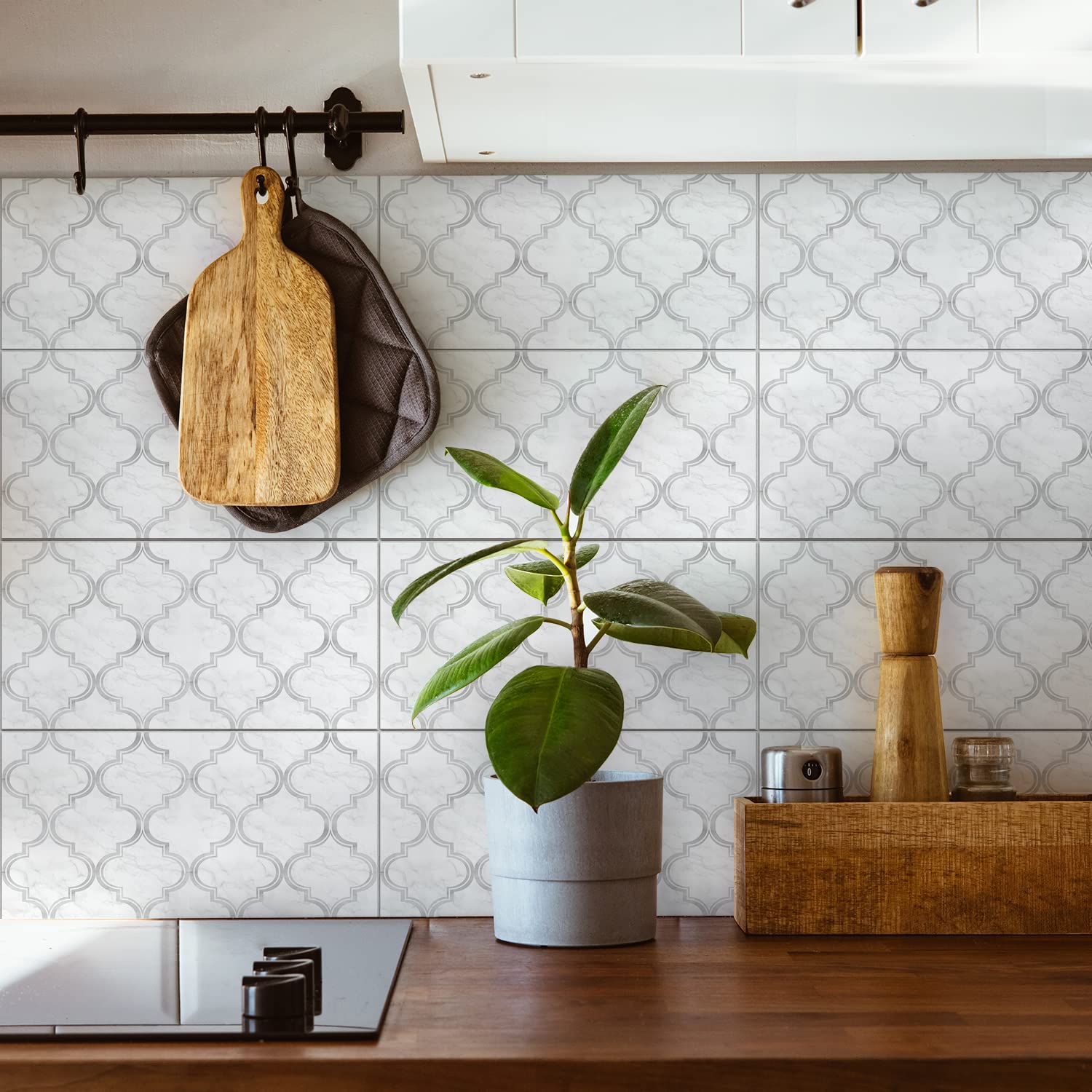 Alwayspon Vinyl Floor Wall Tile Sticker, Non-slip Sticky Back Tile Decals for Kitchen Bathroom Self-adhesive Peel and Stick PVC Floor Sticker DIY, White Grey Marble Lantern, 30cmX15cm X24Pcs Set