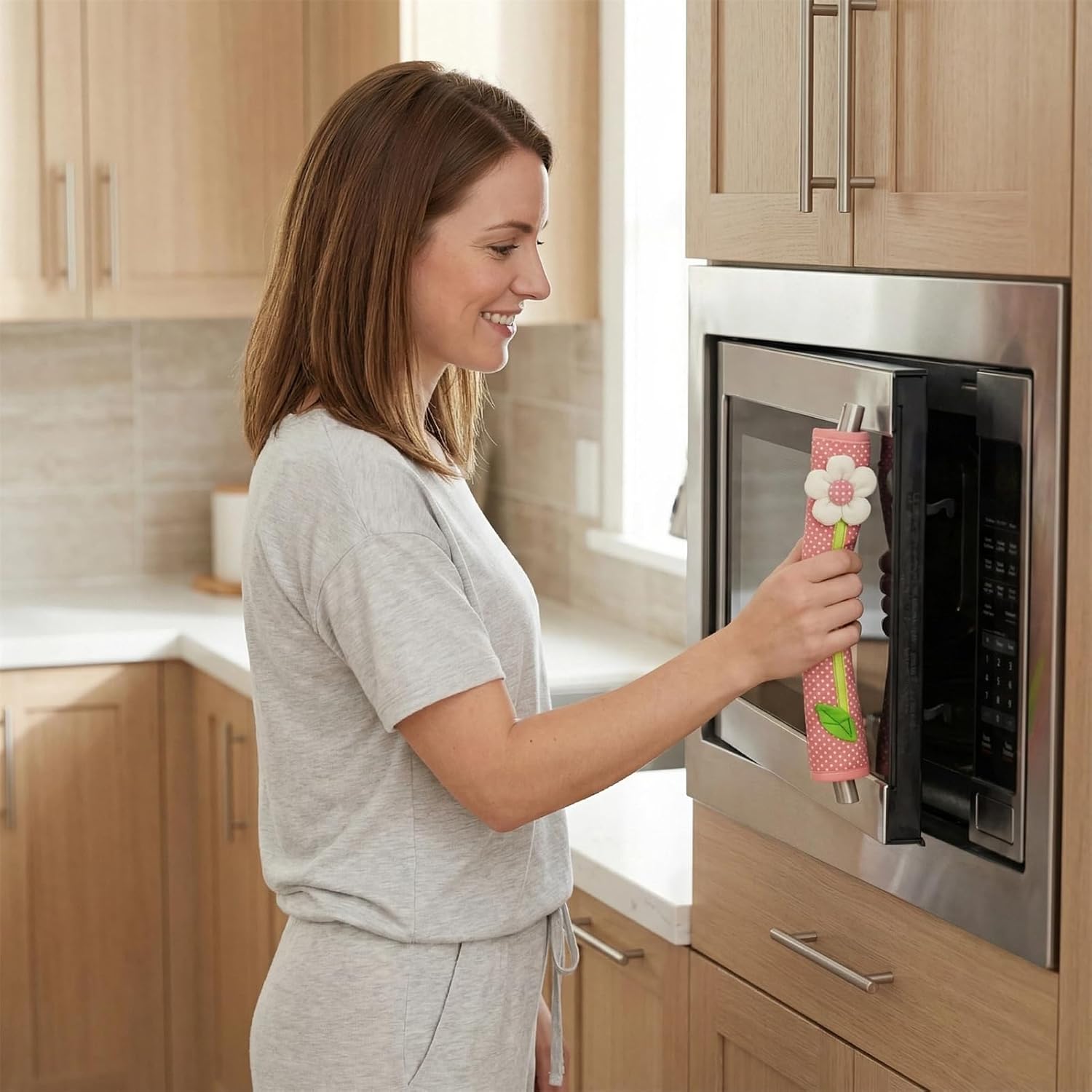 Refrigerator Door Handle Covers Washable Keep Appliance Clean for Fridge Microwave Stove Oven Catch All Stains Dust Dirty Fingerprint, Removable Refrigerator Handle Covers Set of 2 (Pink Flowers)