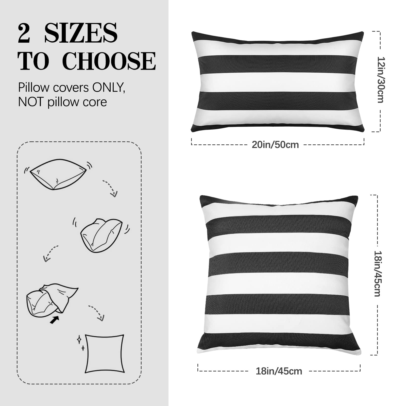 Lewondr 2 PCS Housses de Coussin d'Extérieur Imperméables, Taie d'oreiller Imperméable Rectangulaire à Rayures pour Patio Véranda Maison de Campagne Jardin Balcon, 30x50cm, Noir&Gris+Blanc