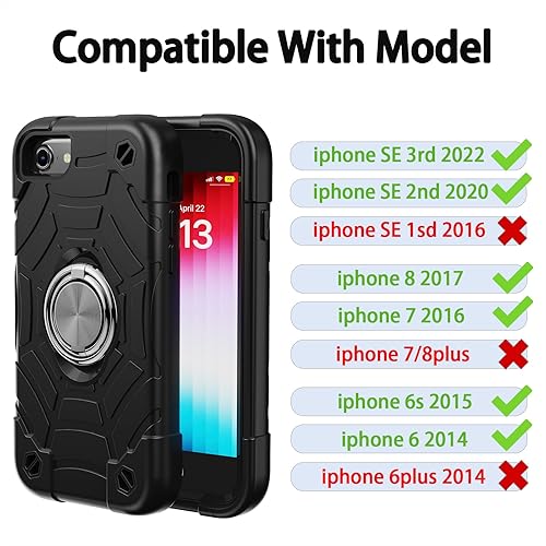 Miniatura 2 de KCJ Funda para iPhone SE 20222020, iPhone 8766S, con 2 protectores de pantalla soporte de anillo silicona suave + policarbonato duro, protección de