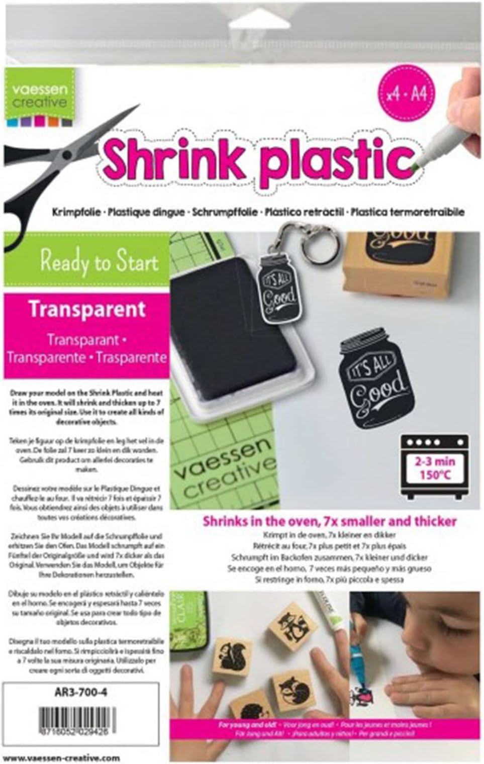 Vaessen Creative Shrink Plastic, Transparent, 4 Sheets, 21 x 30 cm, Fun Arts and Crafts Projects for All Ages