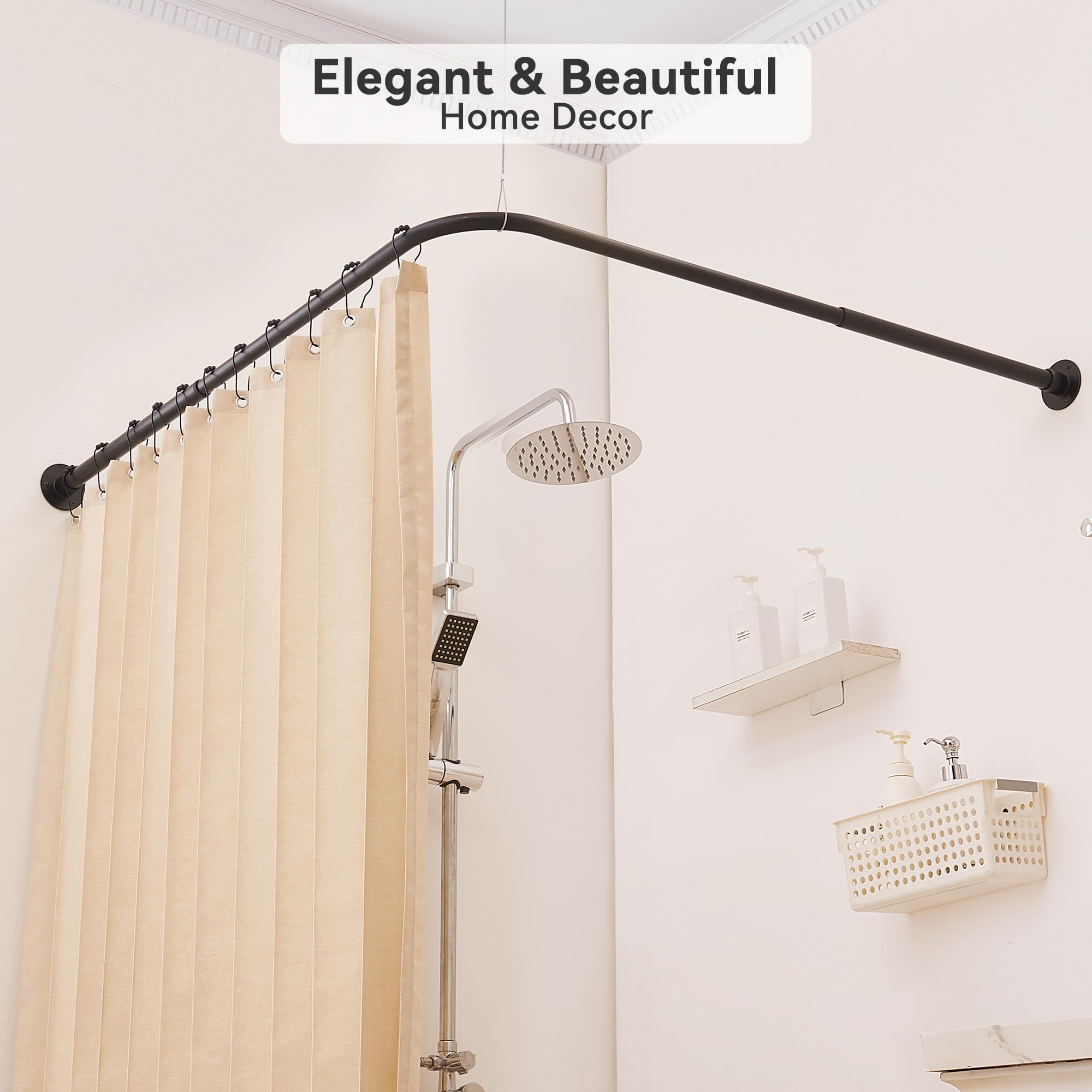 Asta Doccia Angolare a L, Regolabile [60-132 cm] x [60-132 cm], Robusta e Regolabile 90° per Bagno, Vasca ed Esterno con 12 Ganci e Supporto a Soffitto