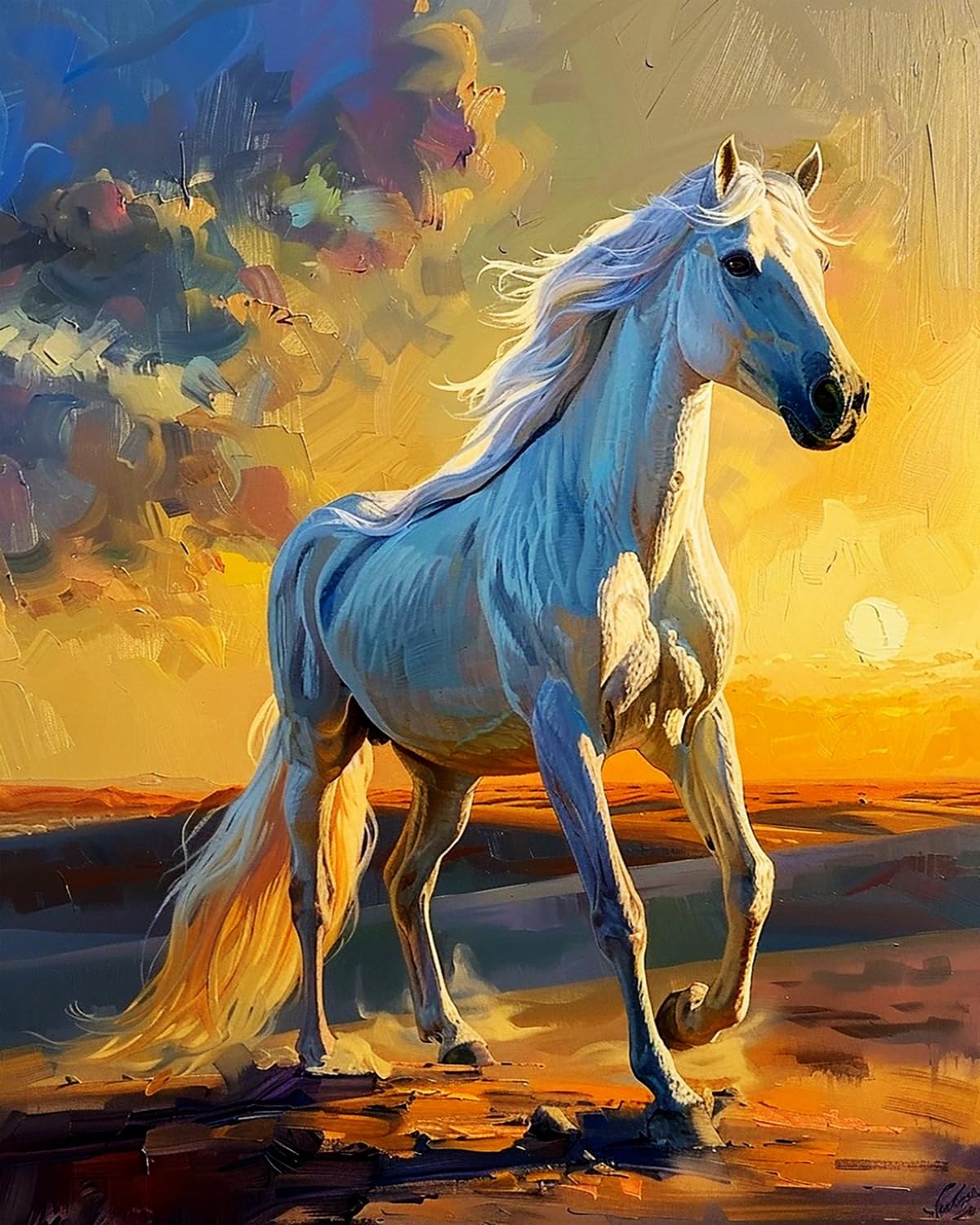 LIUBAISHI Paint by Numbers for Adults – 16x20 Canvas | Oil Painting Kit for Home Decor, Stress Relief Craft, Gift for Adults with Paints and Brushes-Sunset and White Horse (2)