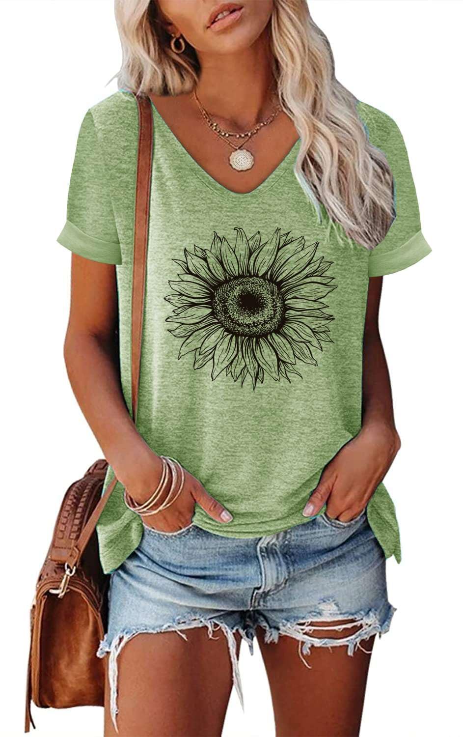 NAIOSS Damen Langarmshirt Bedruck Oberteile Herbst Tshirt V-Ausschnitt Shirts Baumwolle Casual Tops