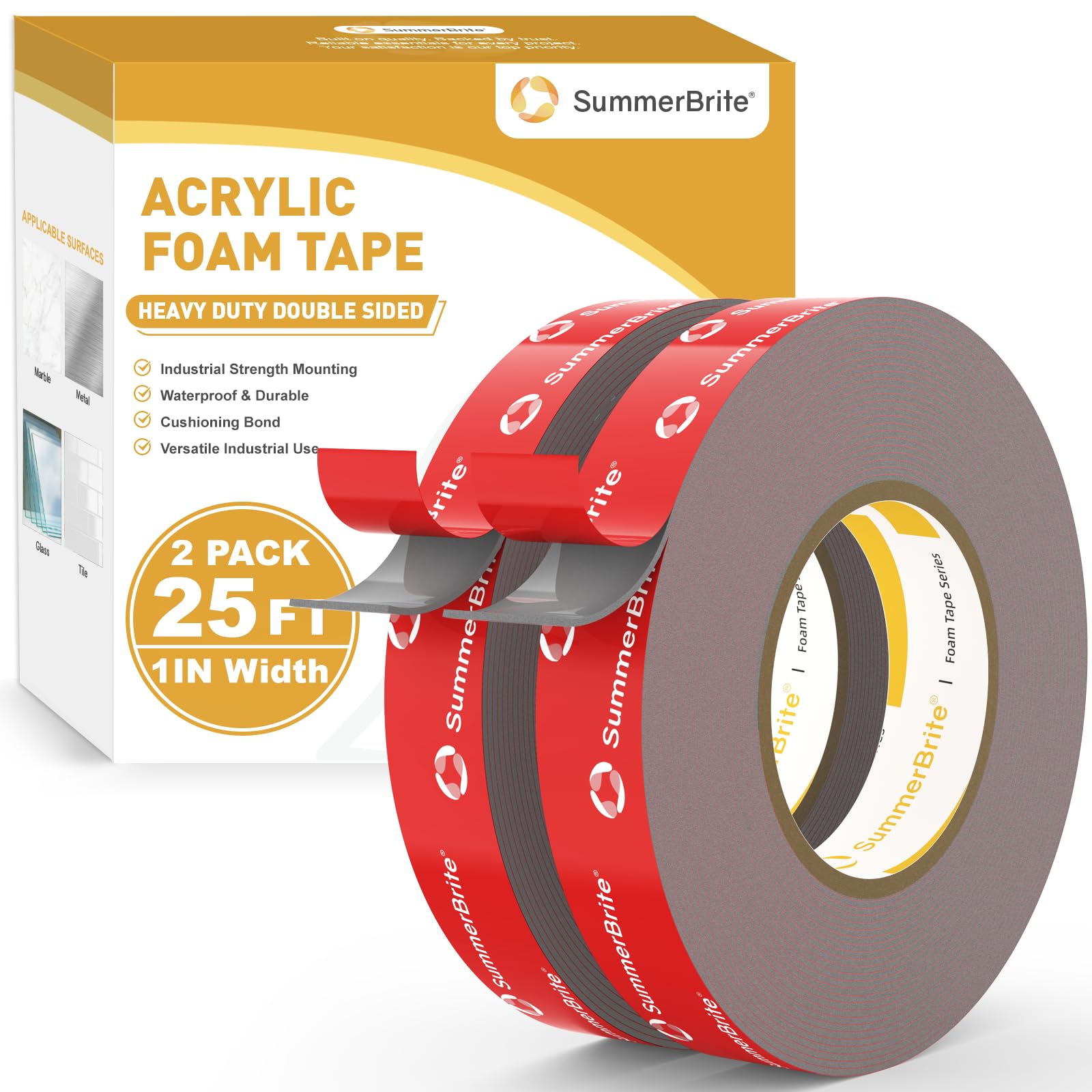 Summerbrite 2 Rolls Heavy Duty Double Sided Tape-25mm x 7.8m-Strong Adhesion Mounting Tape Acrylic Foam Tape Waterproof Temperature Resistance For Car Decor Fixing Carpet Indoor&Outdoor