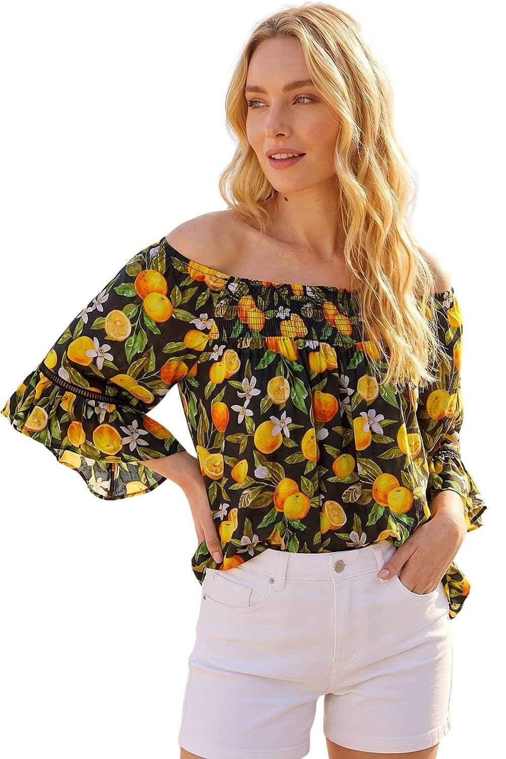 Roman Bardot Top Off Shoulder Blouse for Women UK - Ladies Floral Print Shirt Palm Leaf Tropical Ditsy Cold Shoulder Jersey Frill Cuff Summer Spring Holiday