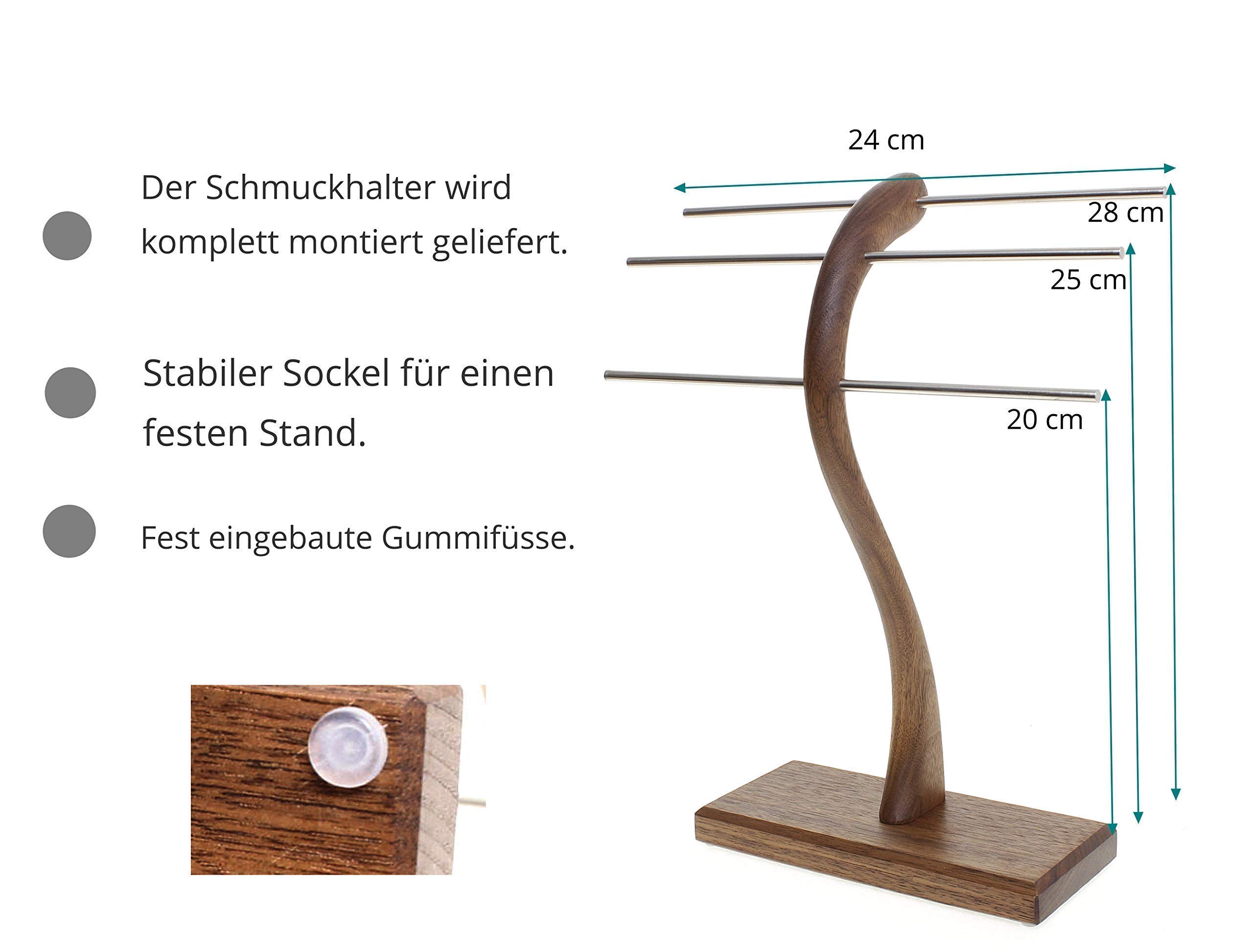 Schmuckständer für Ketten, Ohrringe und Armbänder, 3 Stäbe | Nussbaum Massivholz, Handmade in Germany