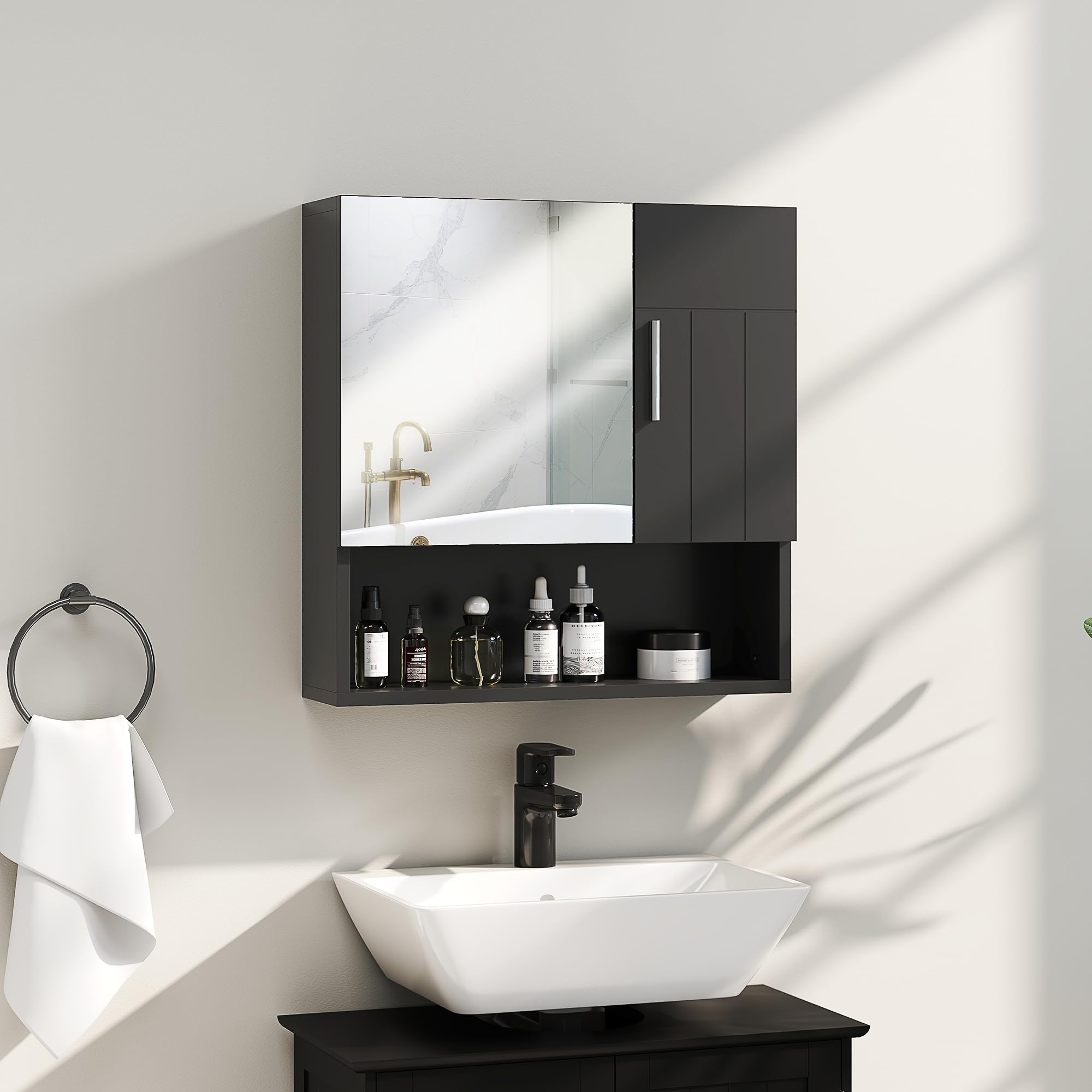kleankin Espejo de baño con estantes ajustables 54x15.2x55.3cm Negro | Armario espejo de baño con almacenamiento, 2 puertas, estante abierto, madera y vidrio.