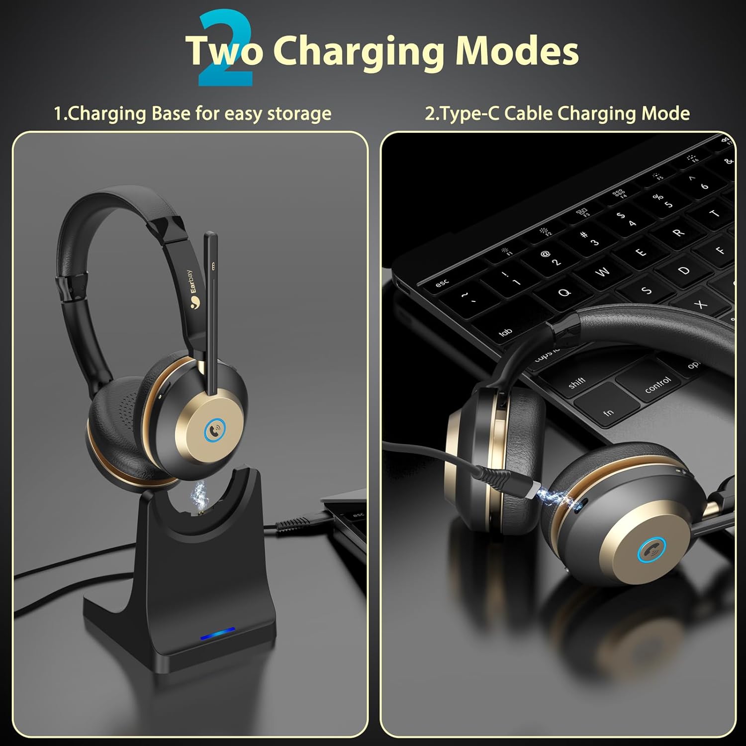 Two charging methods for Earbay headset: via charging base and via USB-C cable