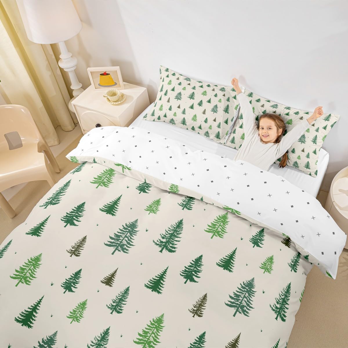 Castle Fairy Christmas Tree Duvet Cover Set Queen Size,Green Pine Bedding Set 3pcs for Kids Teens Girls Boys Room Decor,Nature Plants Comforter Cover Soft Microfiber Quilt Cover with 2 Pillowcases