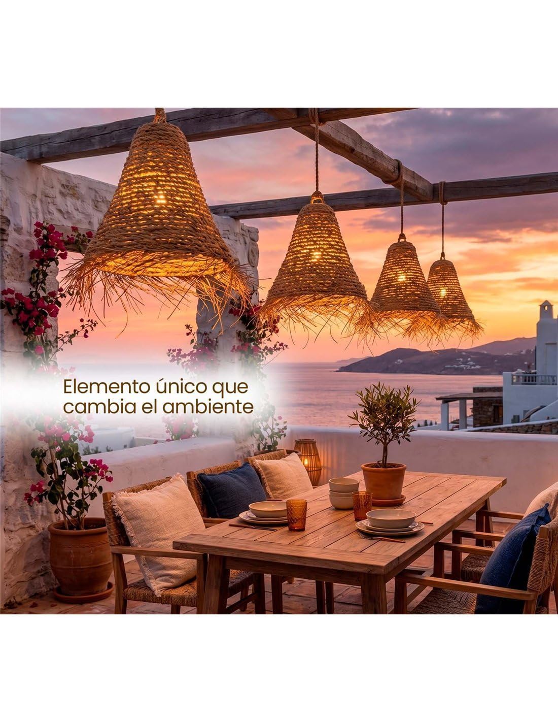 JARDIN202 - Pantalla para Lámpara de Esparto con Flecos | Diseño Malasia Artesanal | Interior y Exterior Techado | (Mediana)