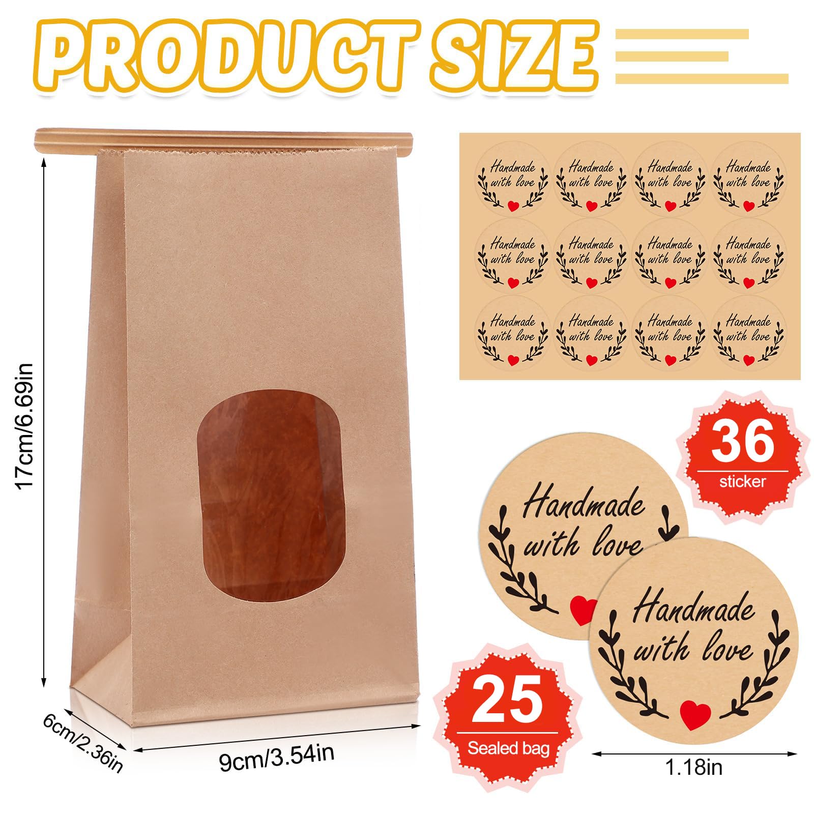 25 Sachets En Papier Kraft Avec Fenêtre Et Fermeture Zip | 17x9x6 Cm Résistants à L'huile Pour Biscuits, Bonbons - 9