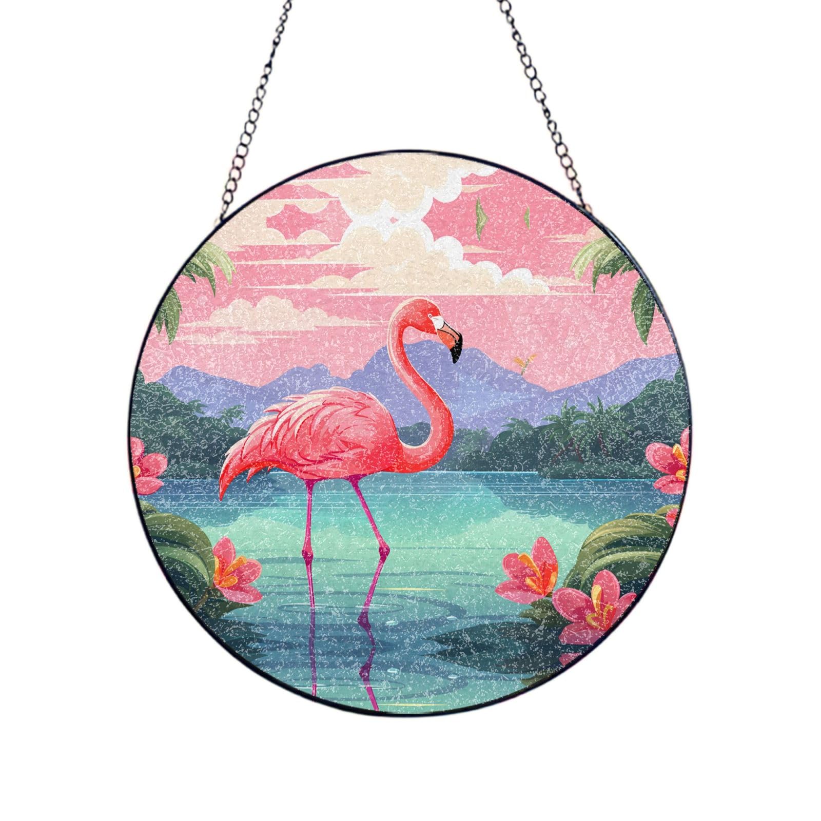 Phayah Lonely Flamingo Print Stained Glass Window Hanging Sun Catchers Decoration Mother'S Day Birthday Gifts For Home Garden Porch 10in（25cm）