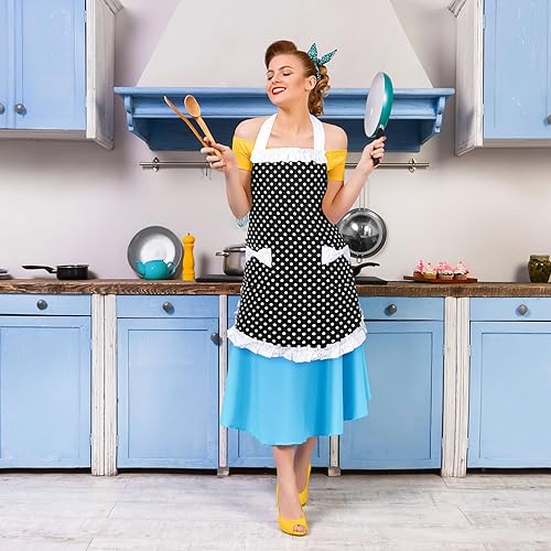 Miniatura 4 de Delantales retro lindos para mujer con bolsillo, delantales vintage de lunares blancos para niñas, delantal con volantes para mujer, delantal de