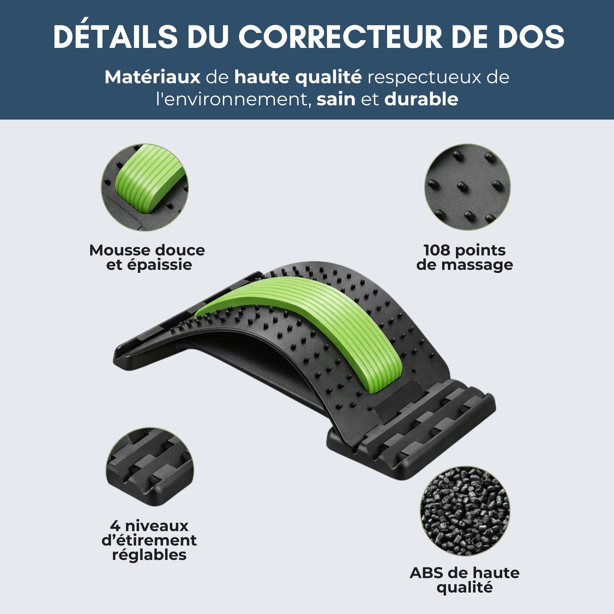 APAISIO Masseur de Dos Etirement Dos Soutien Lombaire Fitness | Cale Dos Planche Dorsale Extenseur et Massage | Équipement de Stretch Soutien 4 Niveaux Réglables pour Hernie Discale, Sciatique