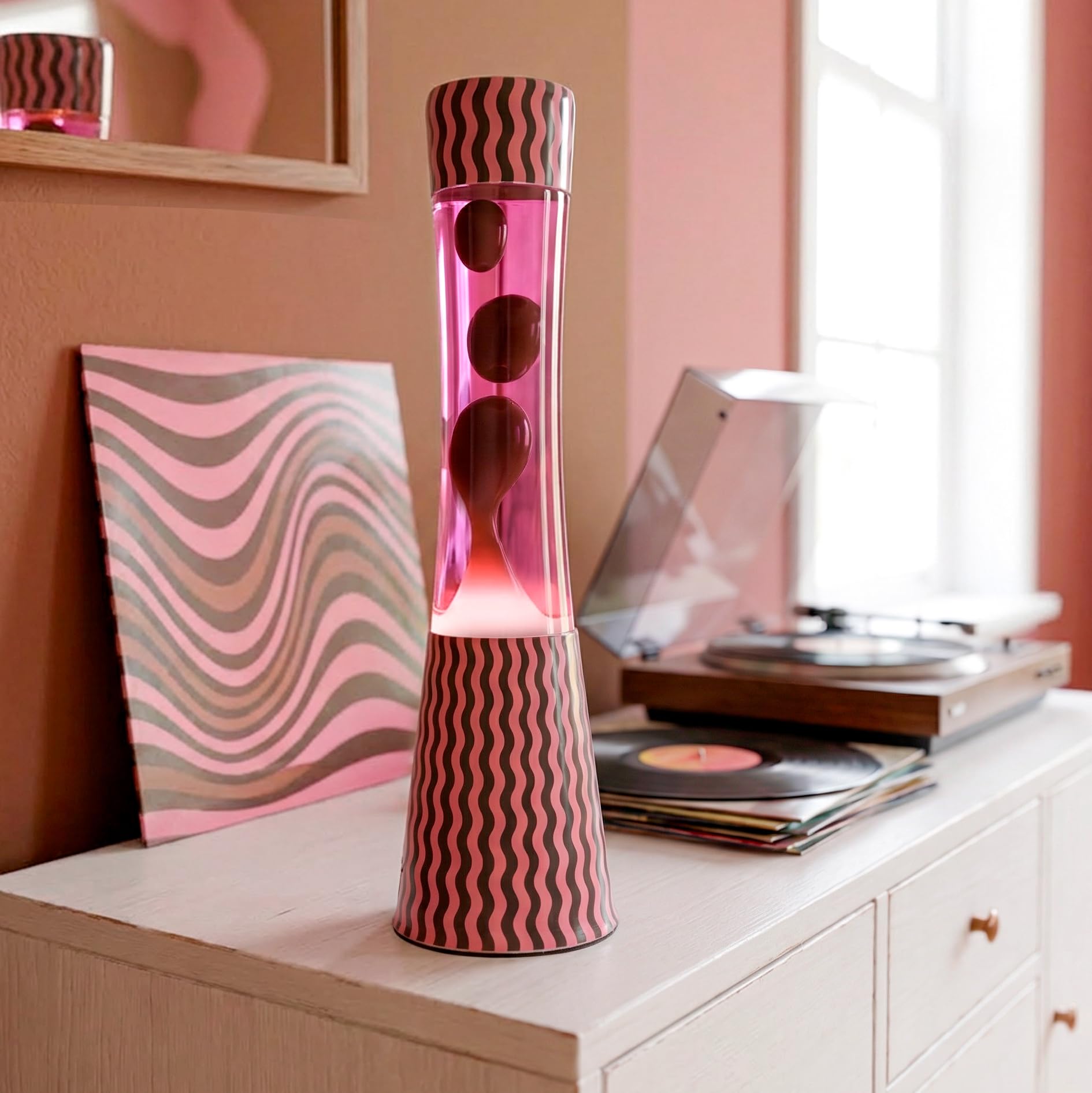Fisura – Lampe à lave effet ondulations. Lampe décorative relaxante pour maison ou bureau, design original avec lave marron et liquide rose, ampoule de rechange incluse, 11 x 11 x 39,5 cm