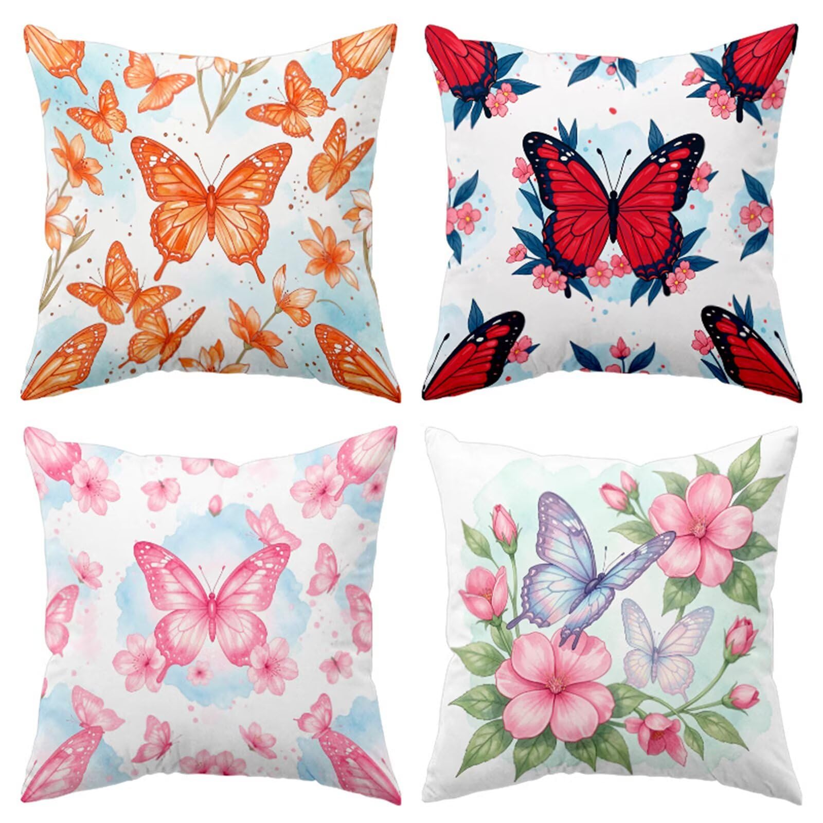 Housse de coussin 35x35 cm lot de 4 papillon rose en lin pour canapé