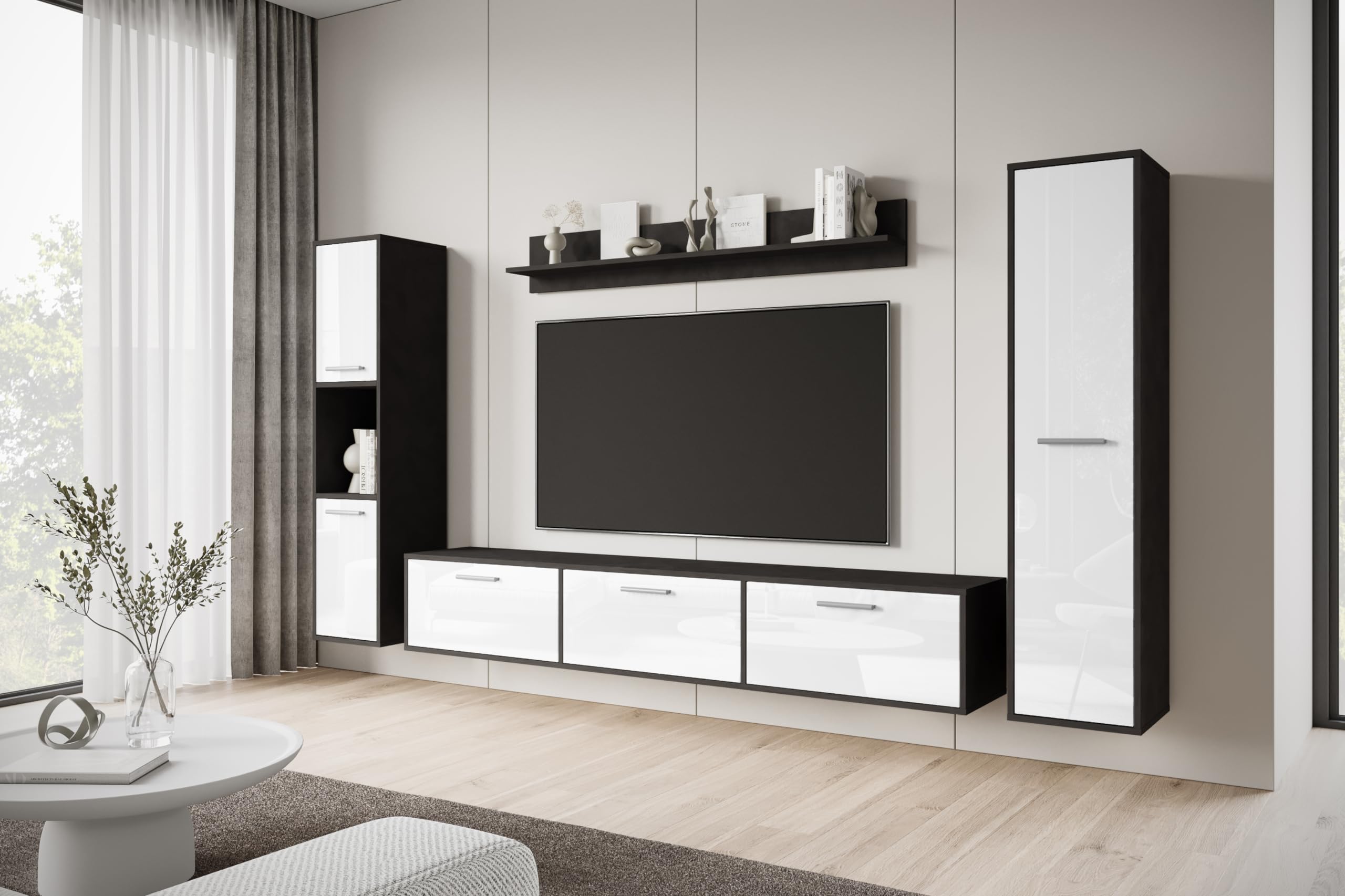MINIO go for it - Wohnwand Wohnzimmer 4-teilig Toga, Wohnzimmer Möbel Set, 1x TV Lowboard, 2X Hochschrank, 1x Wandboard, Wohnzimmermöbel Komplett, Wohnzimmer Set - Farbe Matera/Weiss Hochglanz