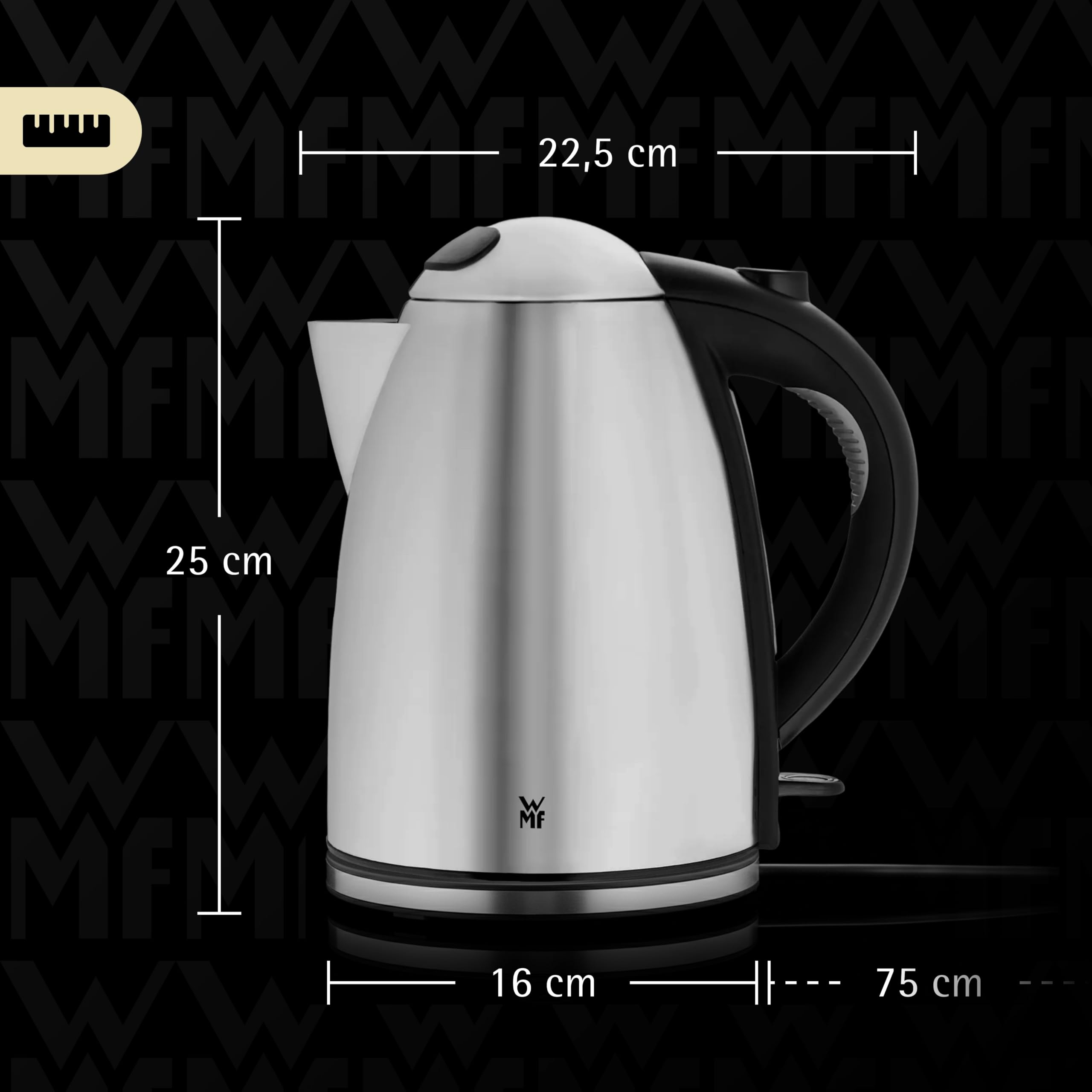 WMF Stelio Waterkoker van roestvrij staal, 1,7 l, elektrische waterkoker met kalkfilter, 2400 W, verlicht waterniveau-indicator, roestvrij staal, mat zwart
