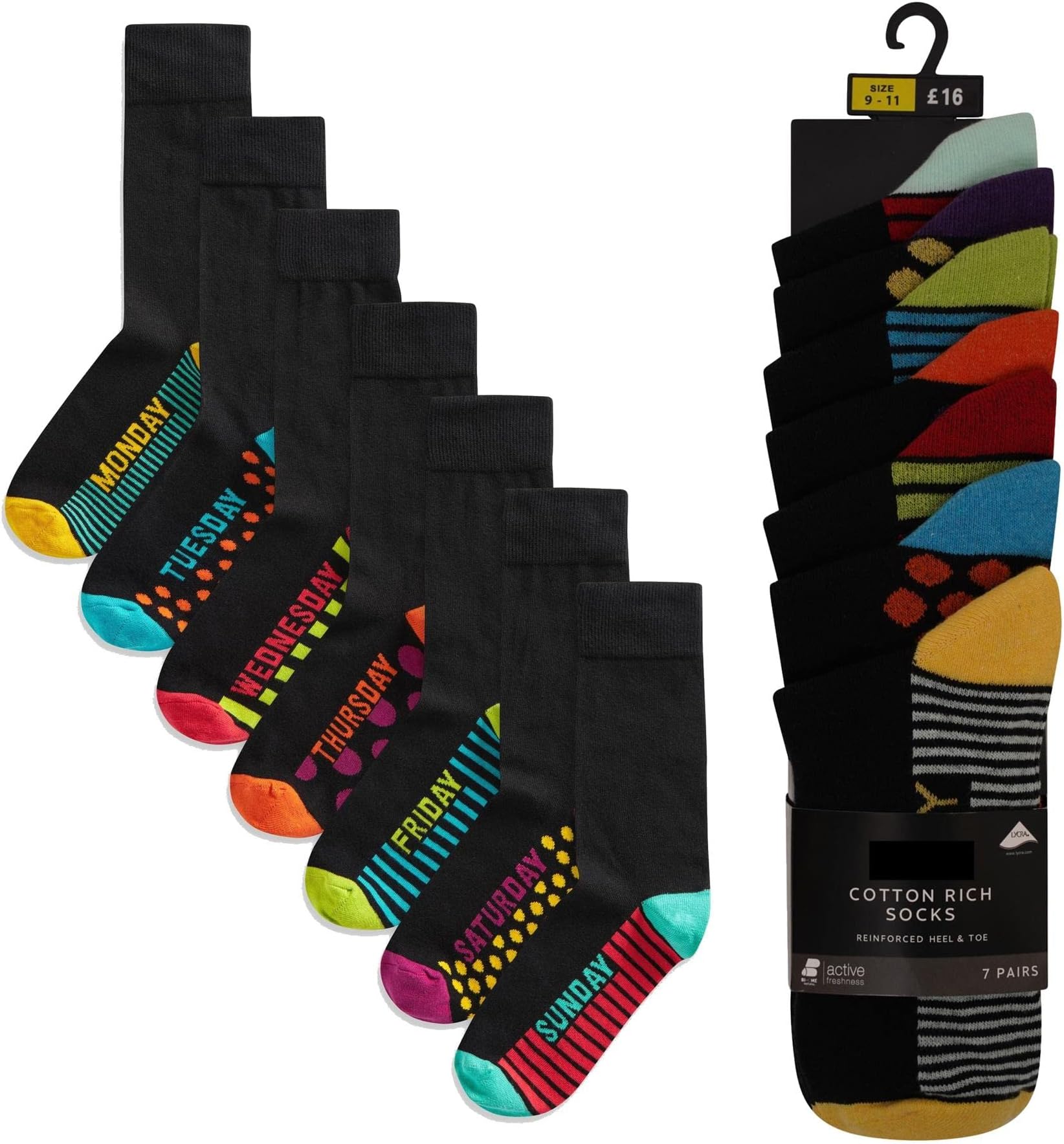 Mens Ex Store Weekday Socks - 7 Pack - Cotton Rich Anti-Microbial - Days of the Week Socks - Assorted Colours - UK Shoe Size 6-8, 9-11
