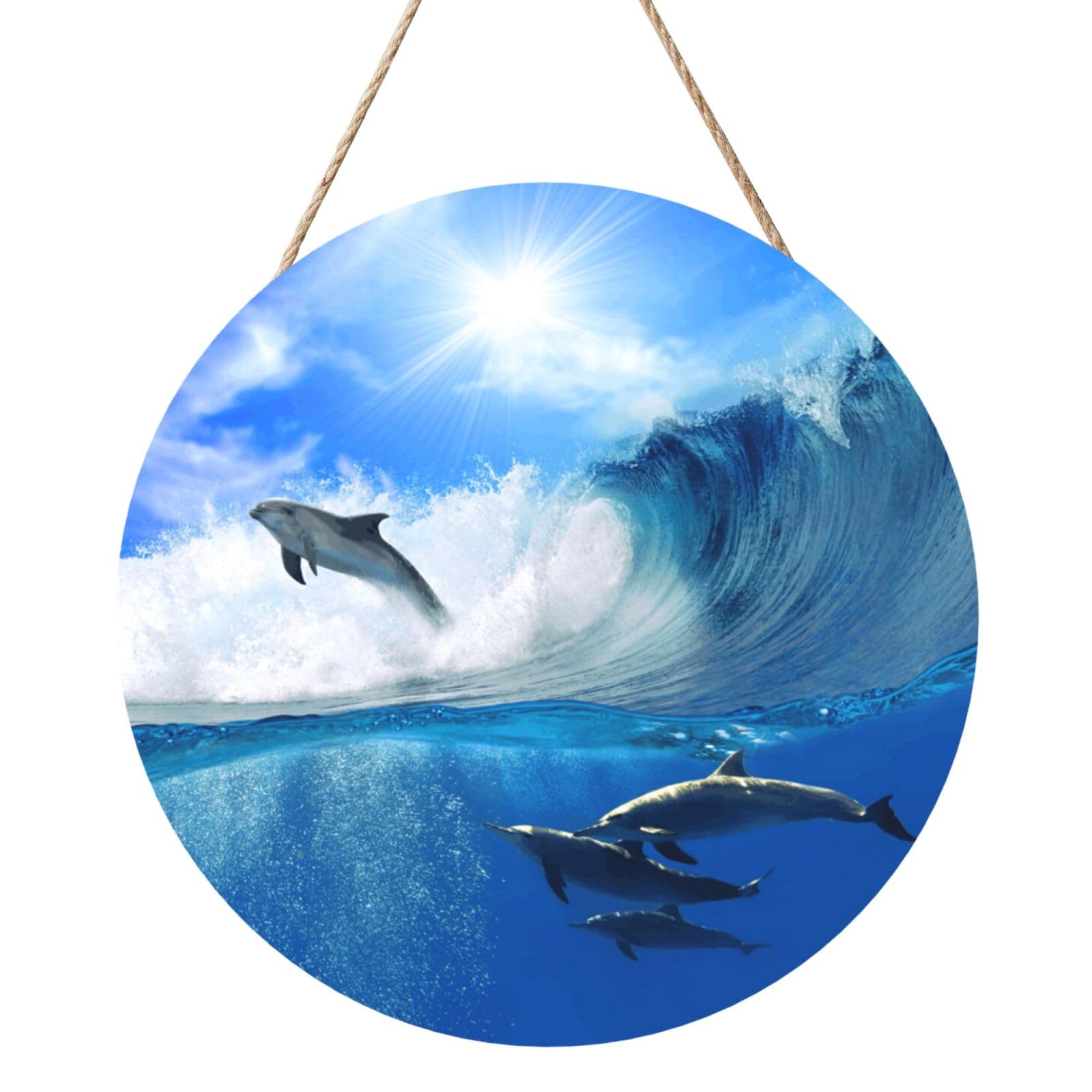 InOmak Four Dolphins In The Sea Of Whales, Round Wood Panel Painting 12 in, Wall Hanging Painting For Home