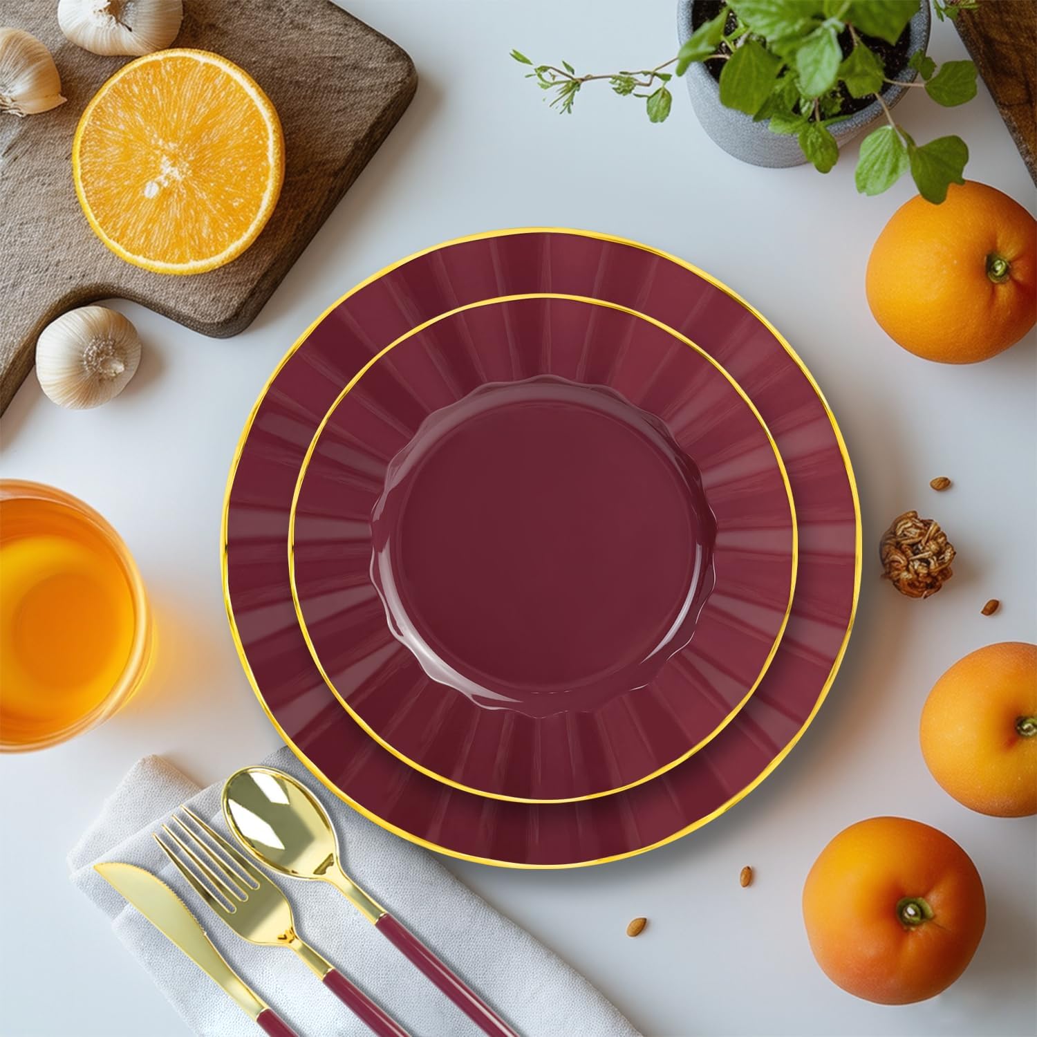 150Pcs Plastic Plates with Gold Rim,Heavy Duty Burgundy Plates for 30 Guests,Plastic Dinnerware Set Include 30 Dinner Plate,30 Dessert Plate,90 Gold Cutlery Set for Party (Burgundy) - Image 4