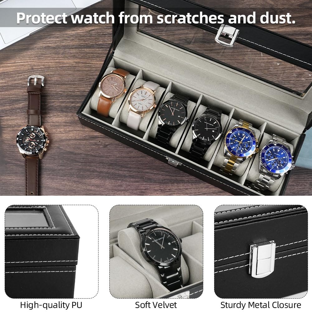 OFFCUP Caja de Relojes con 6 Compartimentos, Piel, Tapa de Cristal y Cojín Extraíble, Regalo para Hombres y Mujeres (Negra)