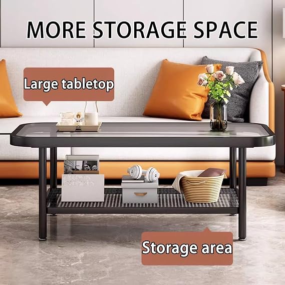 Glass Coffee Table Rectangular Black Metal Frame, 2 Tier Modern Sofa End Table with Adjustable Foot Pad Storage, Living Room, Apartment, Balcony, Easy to Assemble, 120*50*40cm90*50*40cm