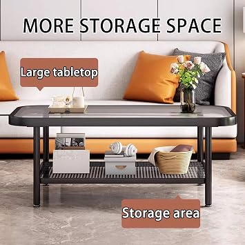 Glass Coffee Table Rectangular Black Metal Frame, 2 Tier Modern Sofa End Table with Adjustable Foot Pad Storage, Living Room, Apartment, Balcony, Easy to Assemble, 120*50*40cm90*50*40cm