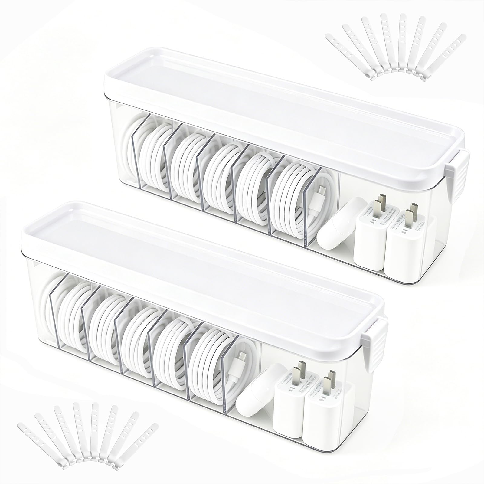 TexHome - 2 organizer per cavi di ricarica con coperchio, in plastica, con fascette, organizer per cavi elettronici, per cassetti di casa, ufficio, scrivania