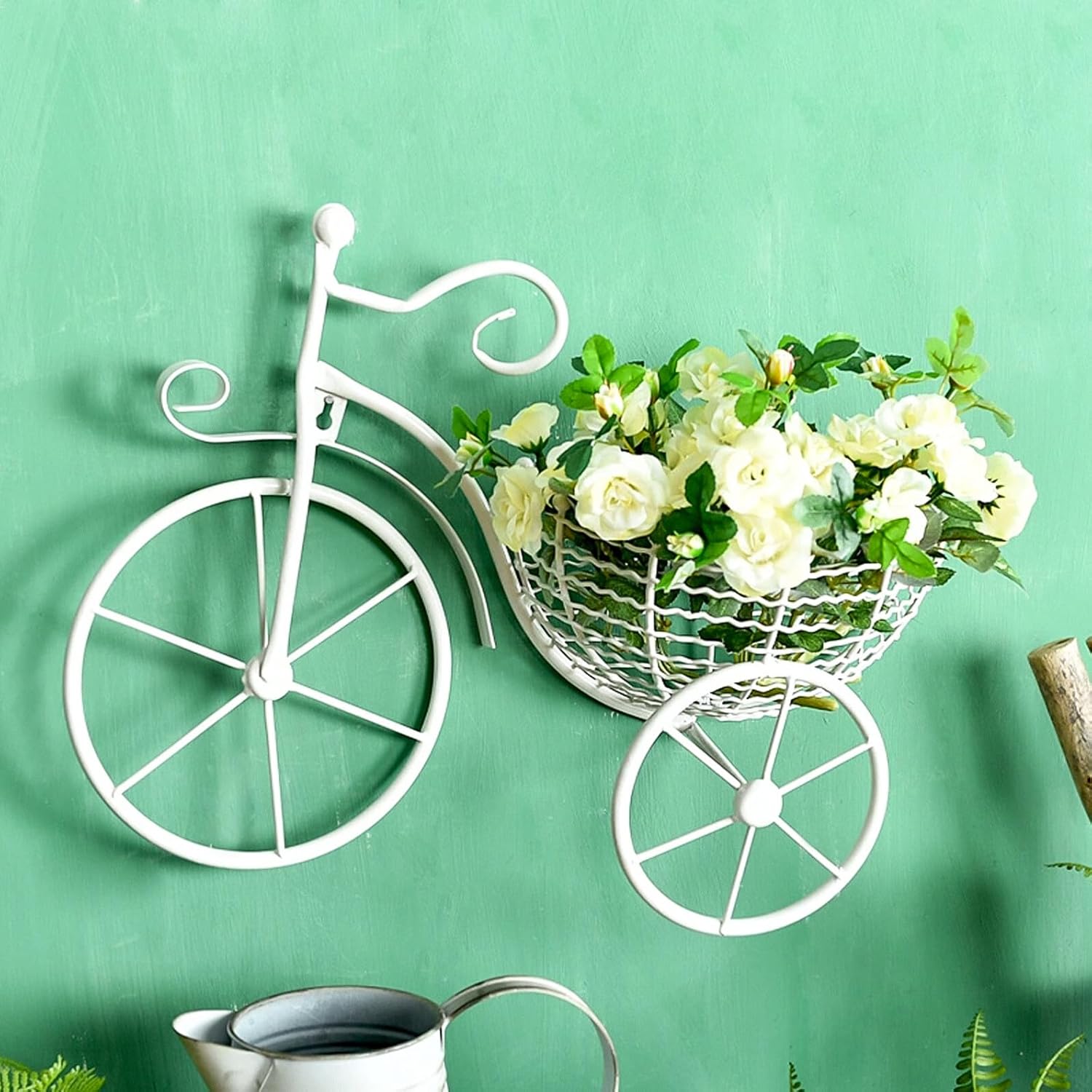 White Bicycle Wall Planter Basket, Indoor Flower Holder and Sturdy Hanging Garden Decor for Patio Balcony Wall Mounted Plant Pot