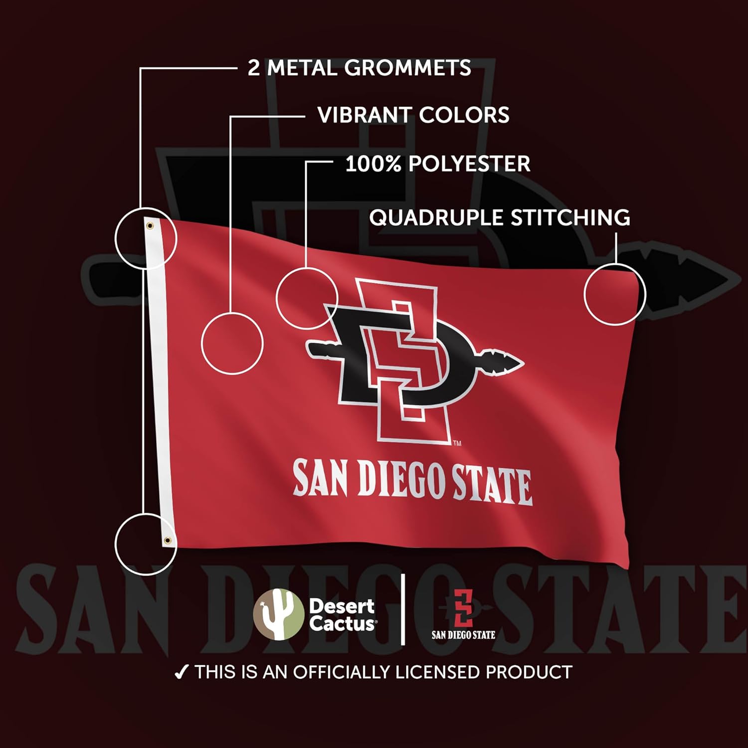 Desert Cactus San Diego State University SDSU Flag - 3 x 5 Feet Aztecs Banner, Indoor/Outdoor Durable Fabric, 100% Polyester Design (Style 1) - Image 4