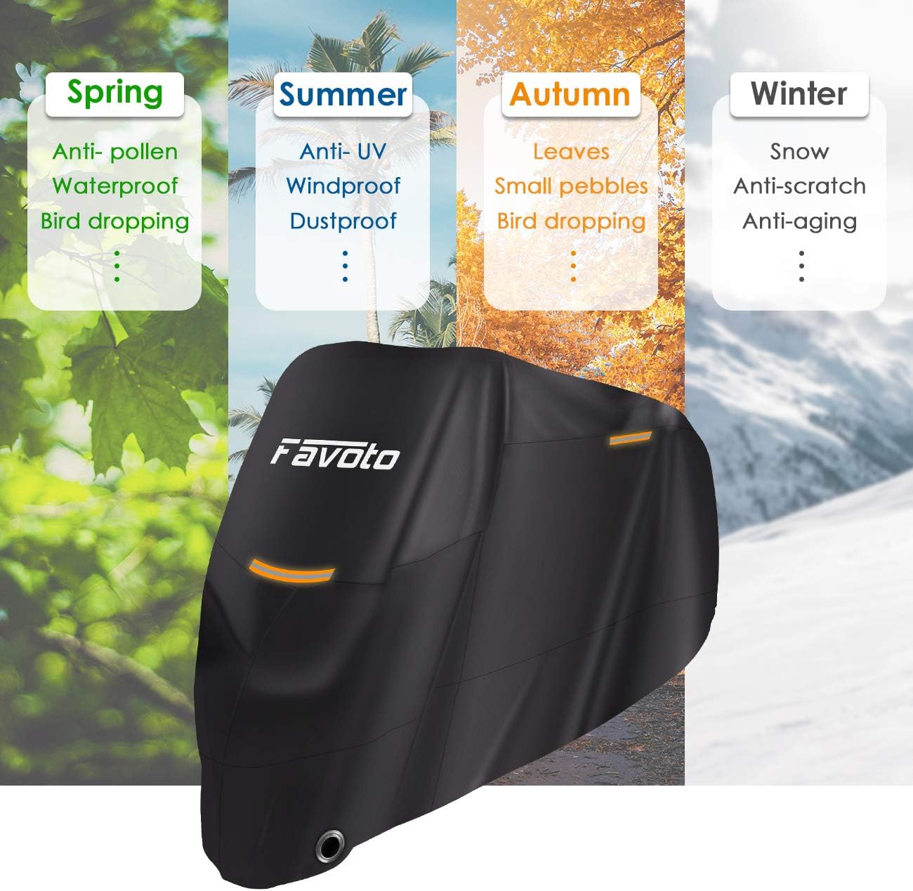 Favoto Motorcycle Cover 116" All Season with Night Reflective Stripes + Favoto Disc Lock Alarm for Motorcycle e-Bike Bicycle Scooter