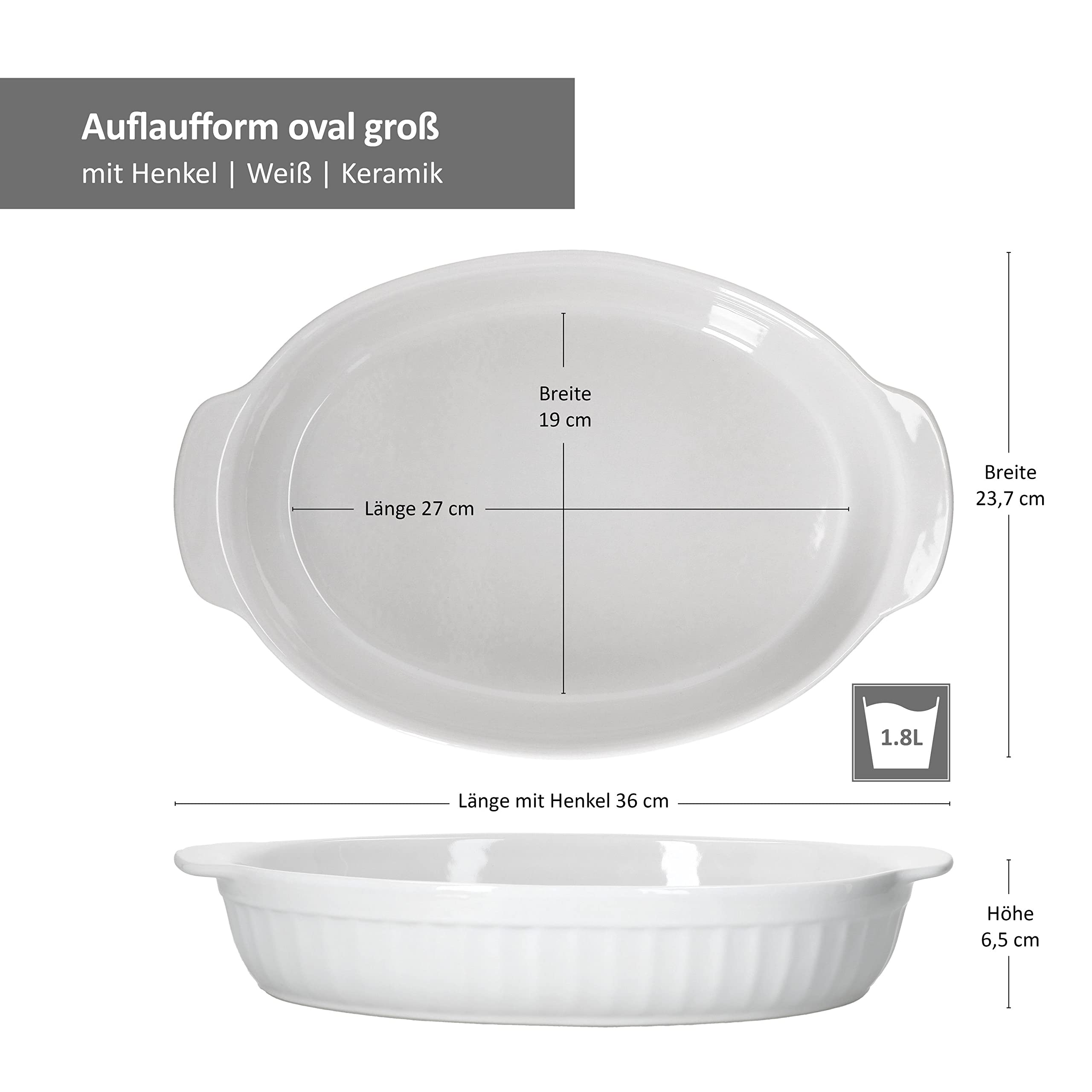 MamboCat Lot de 2 grands plats à gratin ovaux avec anses I Blanc Céramique 1,8 l Passe au four I Bols de service Blanc ignifuge I Plat antipastique I Plat à four 36 cm