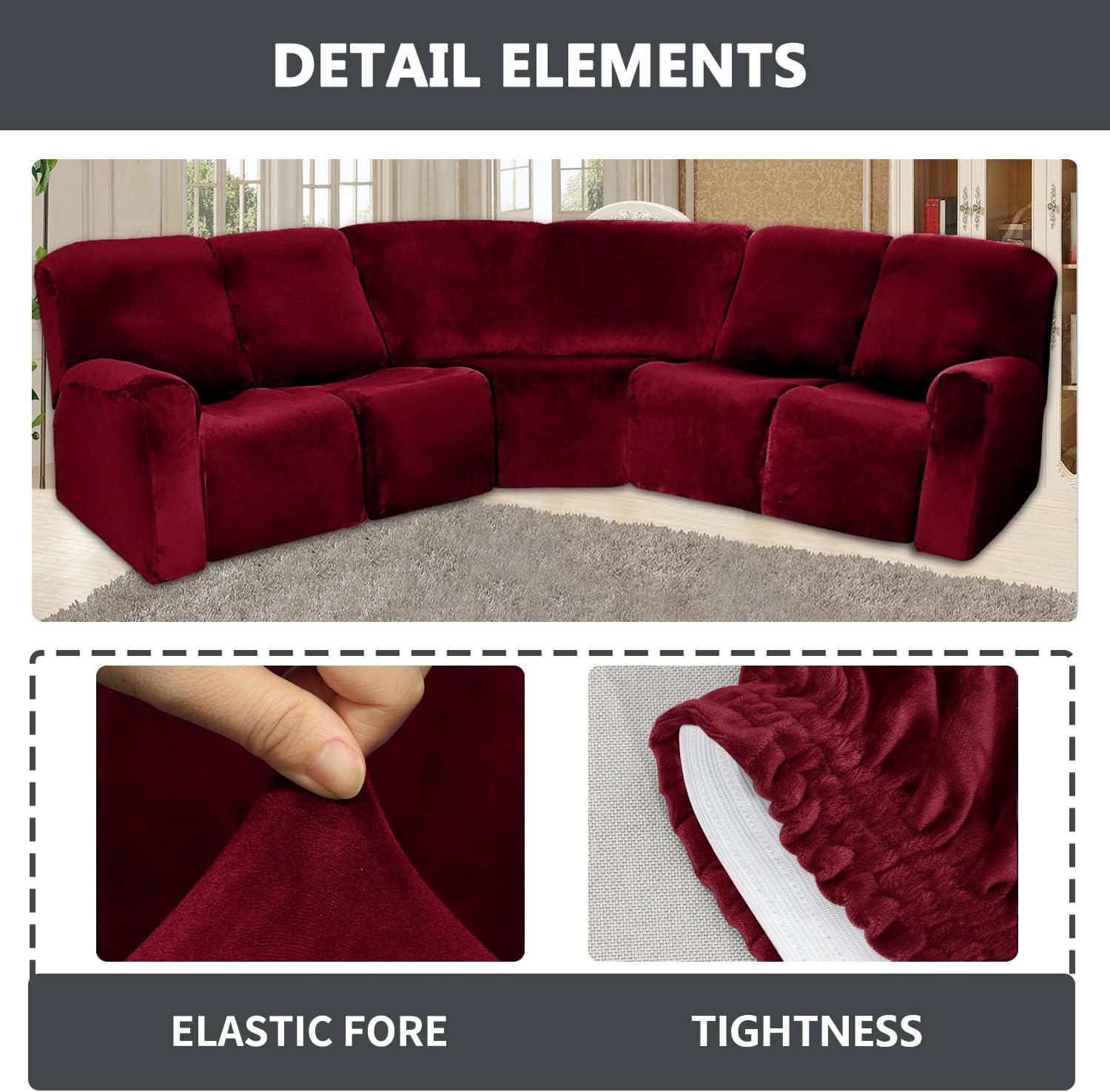 YOPOIY 5 Seater Velvet Stretch Recliner Chair Cover, 7 Pieces for 5 Cushion Soft Reclining L Shape Luxurious Couch Slipcover with Non Slip Foam-Navy Blue