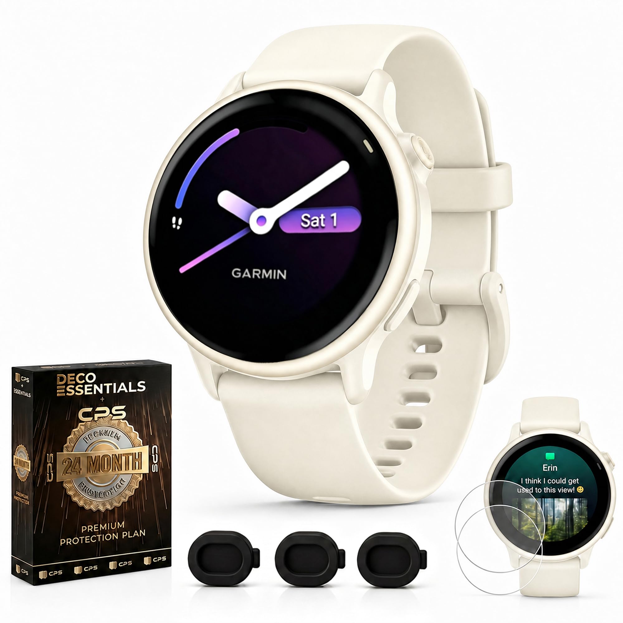 Garmin vivoactive 6, Health and Fitness GPS Smartwatch, AMOLED Display, Up to 11 Days of Battery, Bone with Silicone Band, 010-02985-01 - Bundle w/Deco Essentials 2-Year CPS Plan