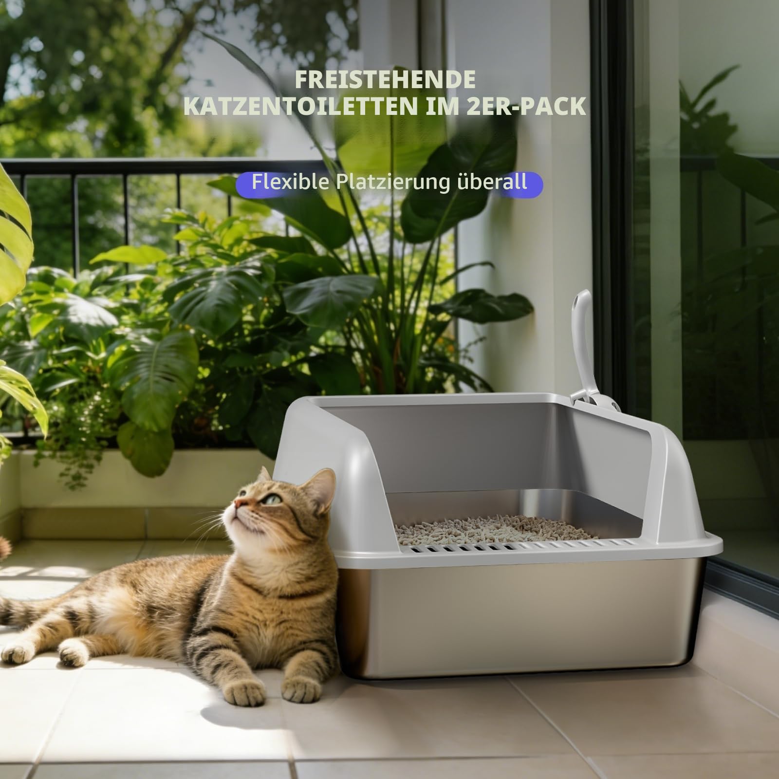 2 Pack Katzenklo Edelstahl Gehege mit Deckel, große Katzentoilette aus Edelstahl, Katzenklo Mit Hochwandigem Seitengehäuse, Nicht-Klebrig, Auslaufsicher & Einfach zu Reinigen, nklusive Schaufel, M