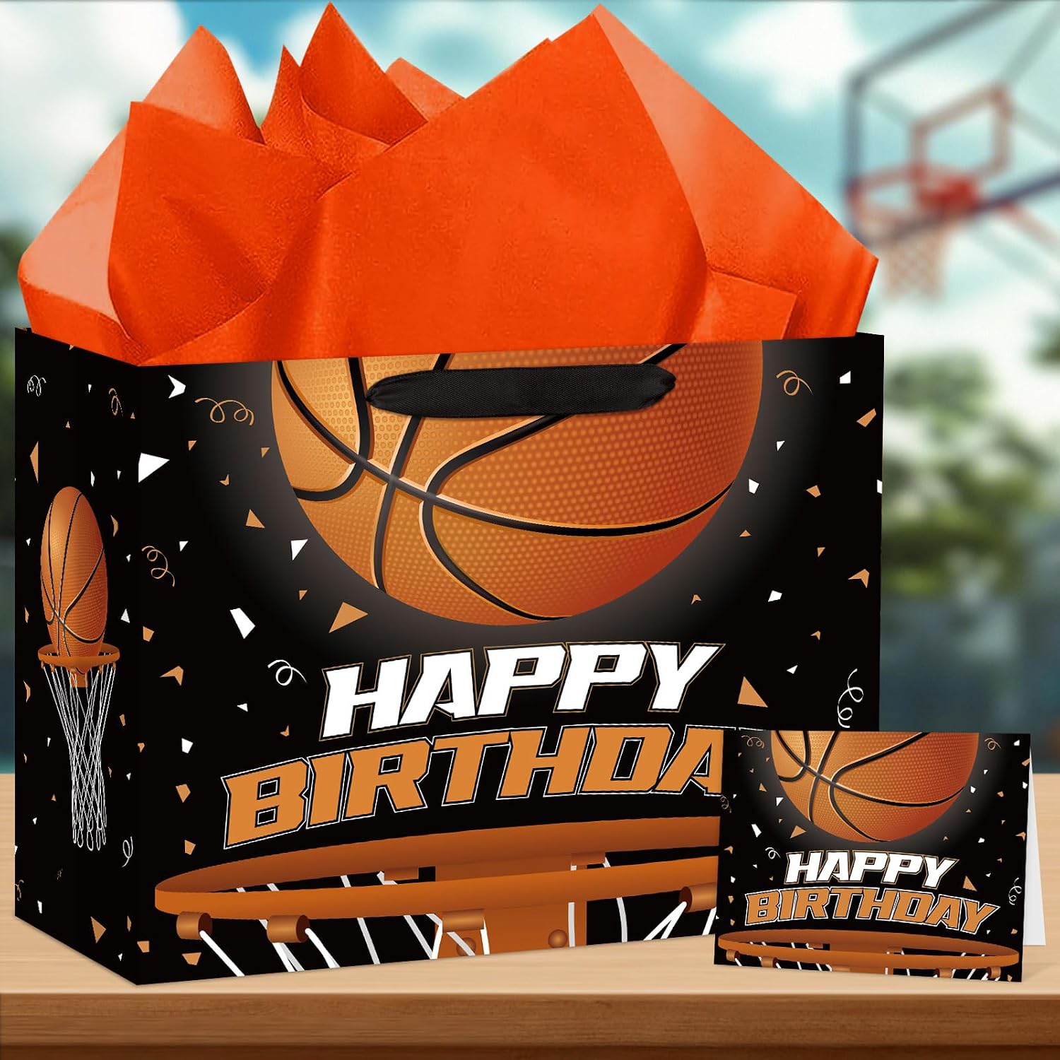 Hooqict Large Basketball Gift Bag with Handles, Tissue Paper, Greeting Cards Basketball Birthday Gift Wrap Bag for Kids Boys Men Sports Themed Goodie Treat Party Favors