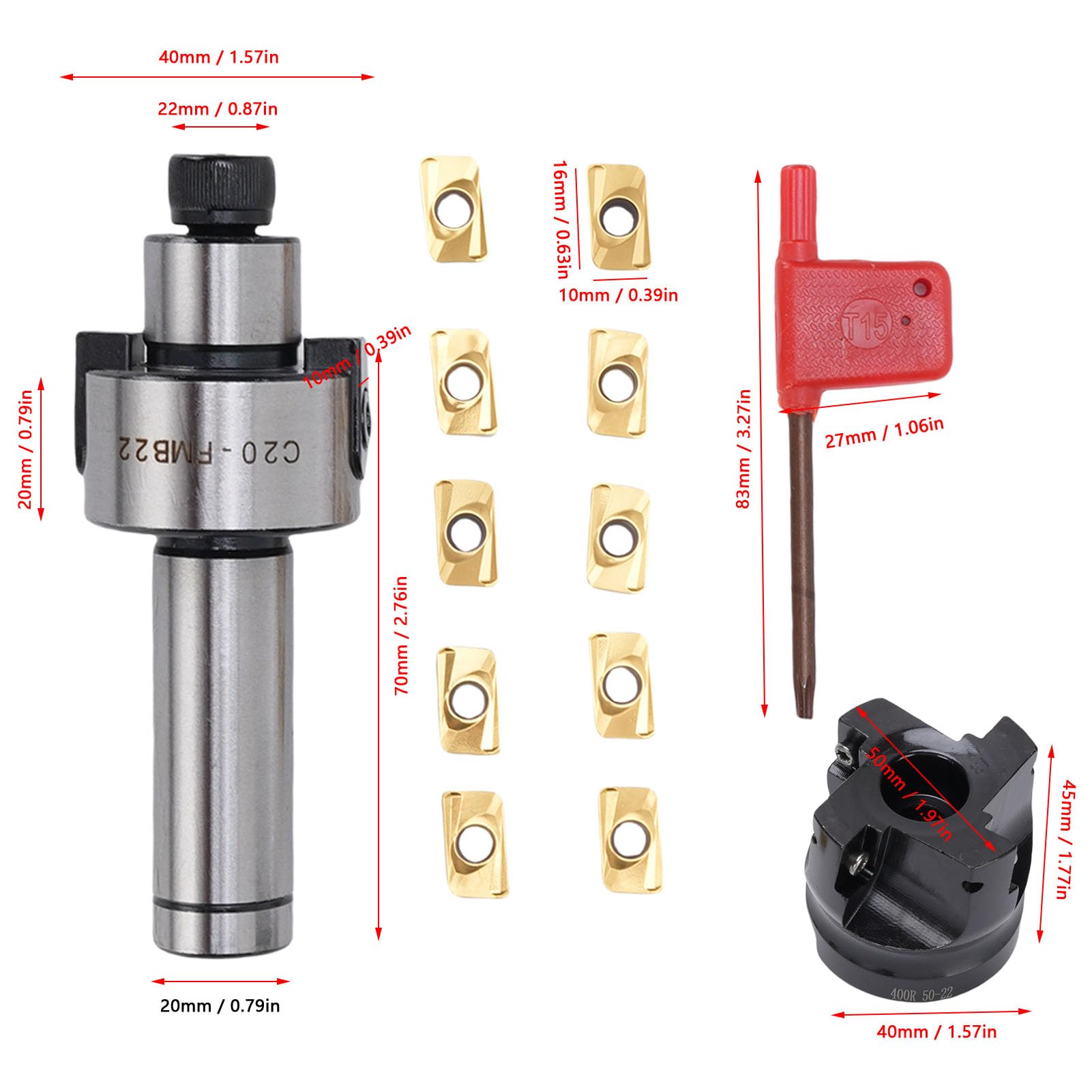 Jeu de fraises à surfacer 400R 50 22 4T, fraiseuse à 4 CNC, adaptée au meulage étagé/surface, comprenant 10 inserts en carbure APMT1604
