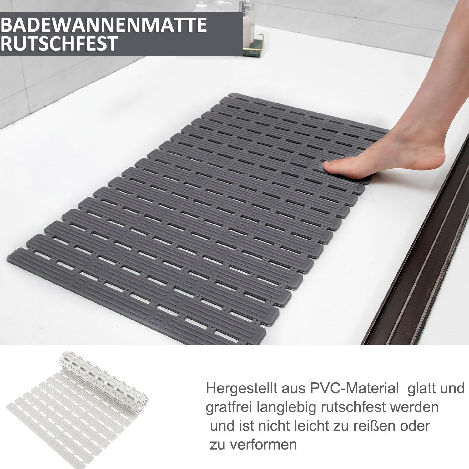 Tapis De Baignoire Antidérapant 68x40 Cm Gris Clair - Tapis Douche PVC Avec Ventouses