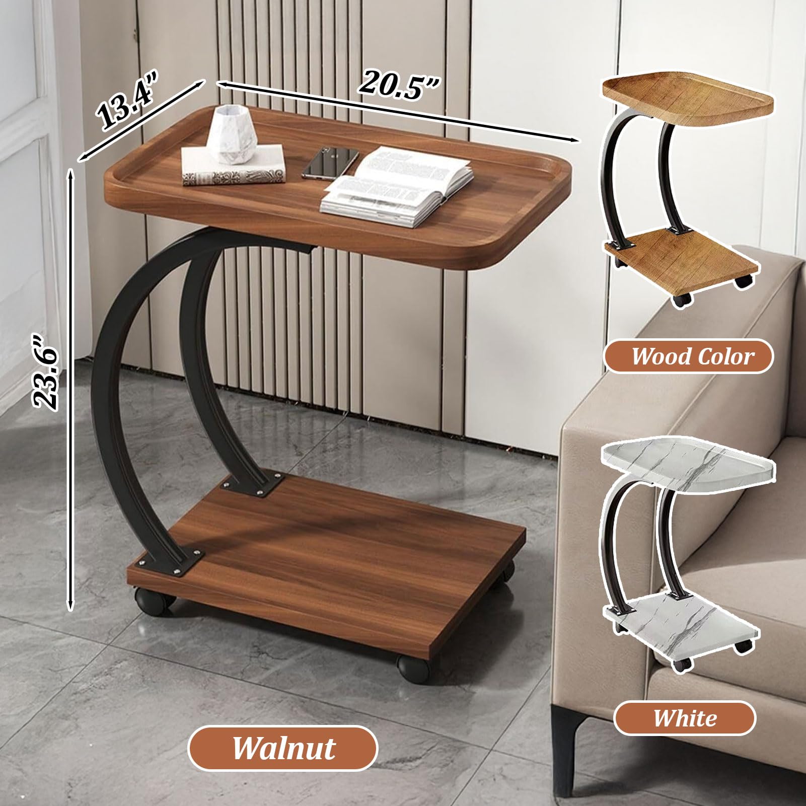 YCQYM Bandeja para TV, Mesa C, Mesa Auxiliar en Forma de C con Ruedas para sofá, Mesas de Centro para Sala de Estar, Mesa Auxiliar para sofá, Mesita de Noche para Dormitorio, Nogal