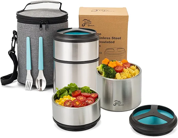 Lille Home 1500ml Thermal Food Flask, Vacuum Insulated Stackable Stainless Steel Thermal Lunch/Snack Box, 2-Tier Bento/Food Container with Lunch Bag (Blue)