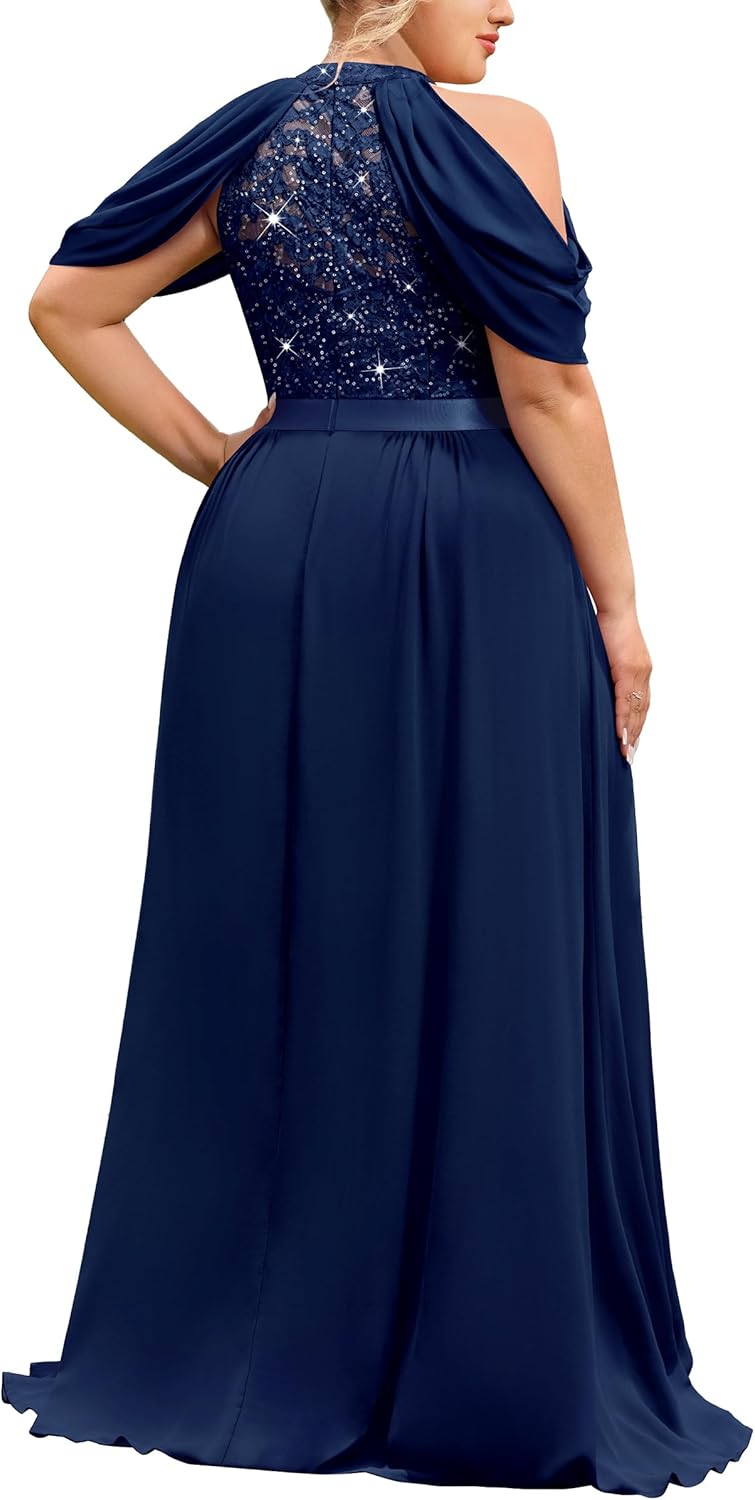 MISSMAY Women's Plus Size Dress Sequin Lace Halter with Cape Sleeves Evening Formal Maxi Dress - Image 2