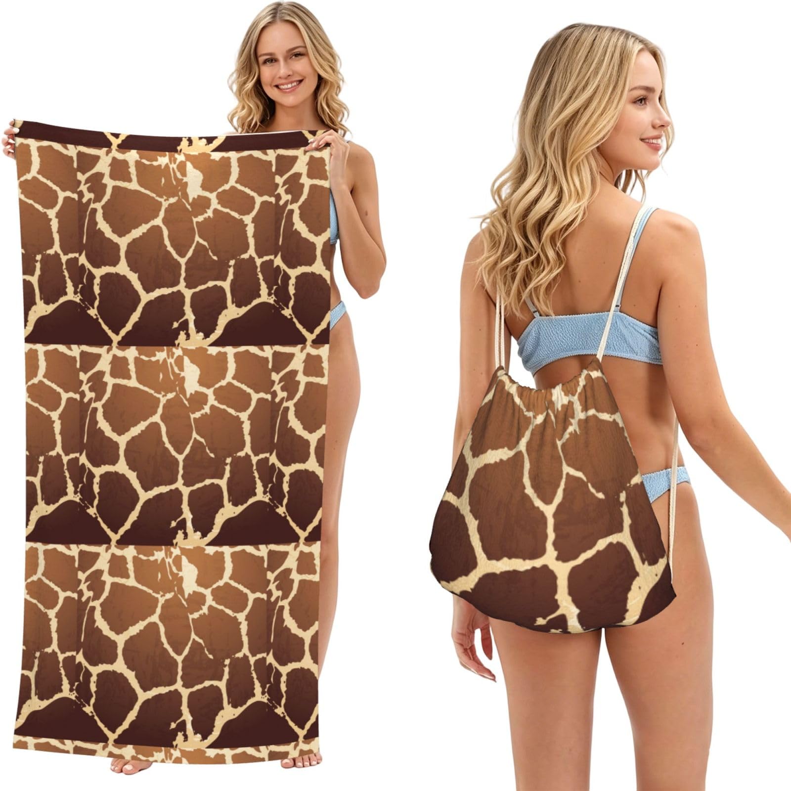 Poadnly As Picture Giraffe Print, 2 In 1 Packable Towel Bag, Beach Towels With Drawstring Backpack For Travel Holiday Camping