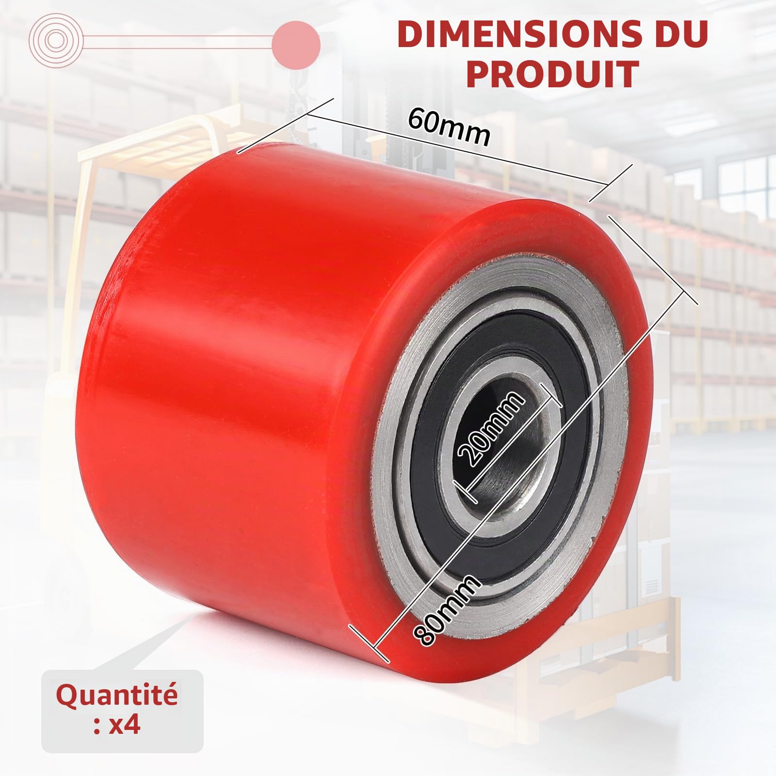 SWAWIS Lot de 4 Roues de Transpalette Polyuréthane 80 x 60 mm, Axe 20mm Charge Maximale 600 kg Avec pour Transpalette Roulements à Billes