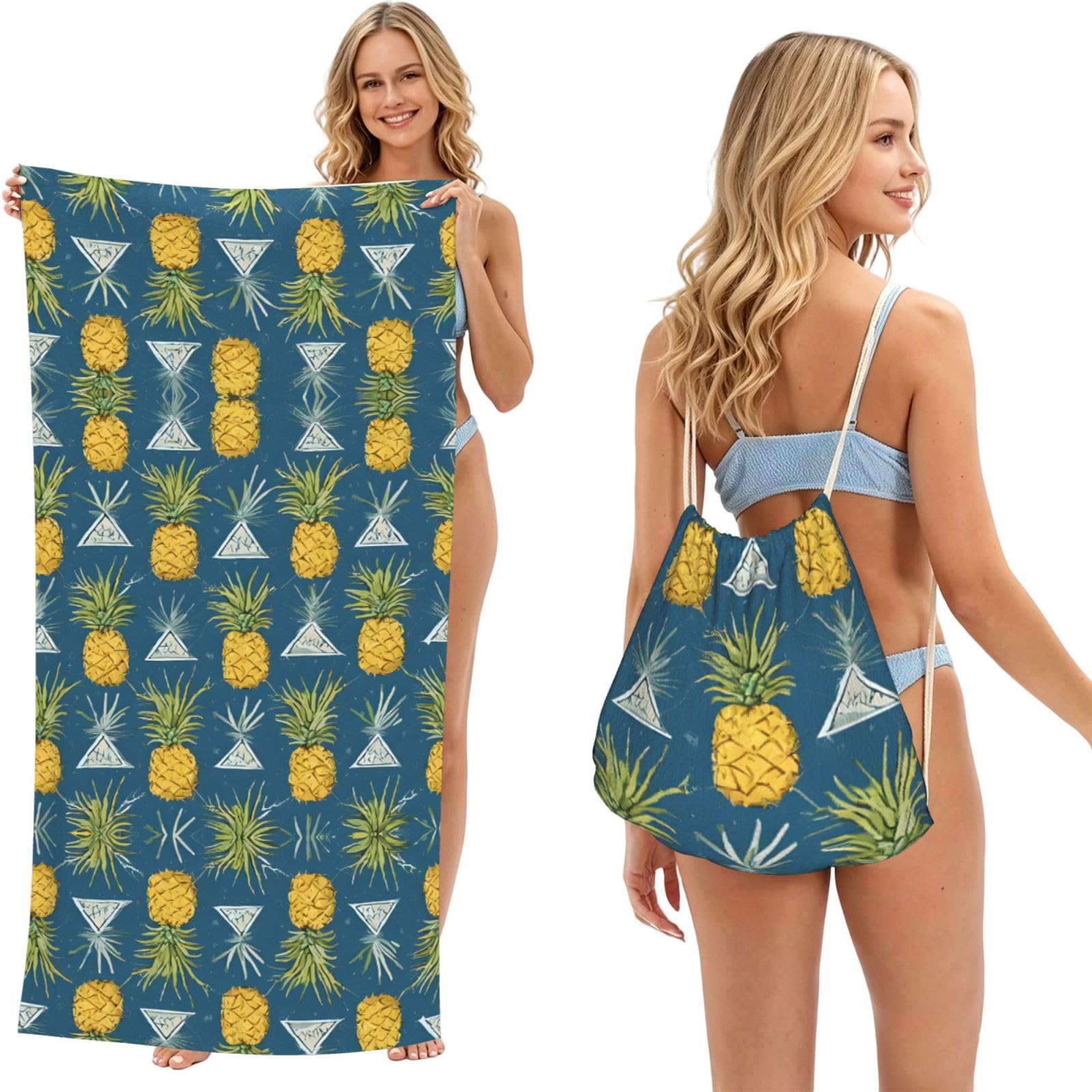 ESNAIUVCD Gold Pineapple Background Print Beach Towel For Adults,Towel With Drawstring Bag, Travel Pool Swimming Sports Shower Sand Free Quick Dry Bath Towel For Pool, Beach, Yoga- 180x60cm