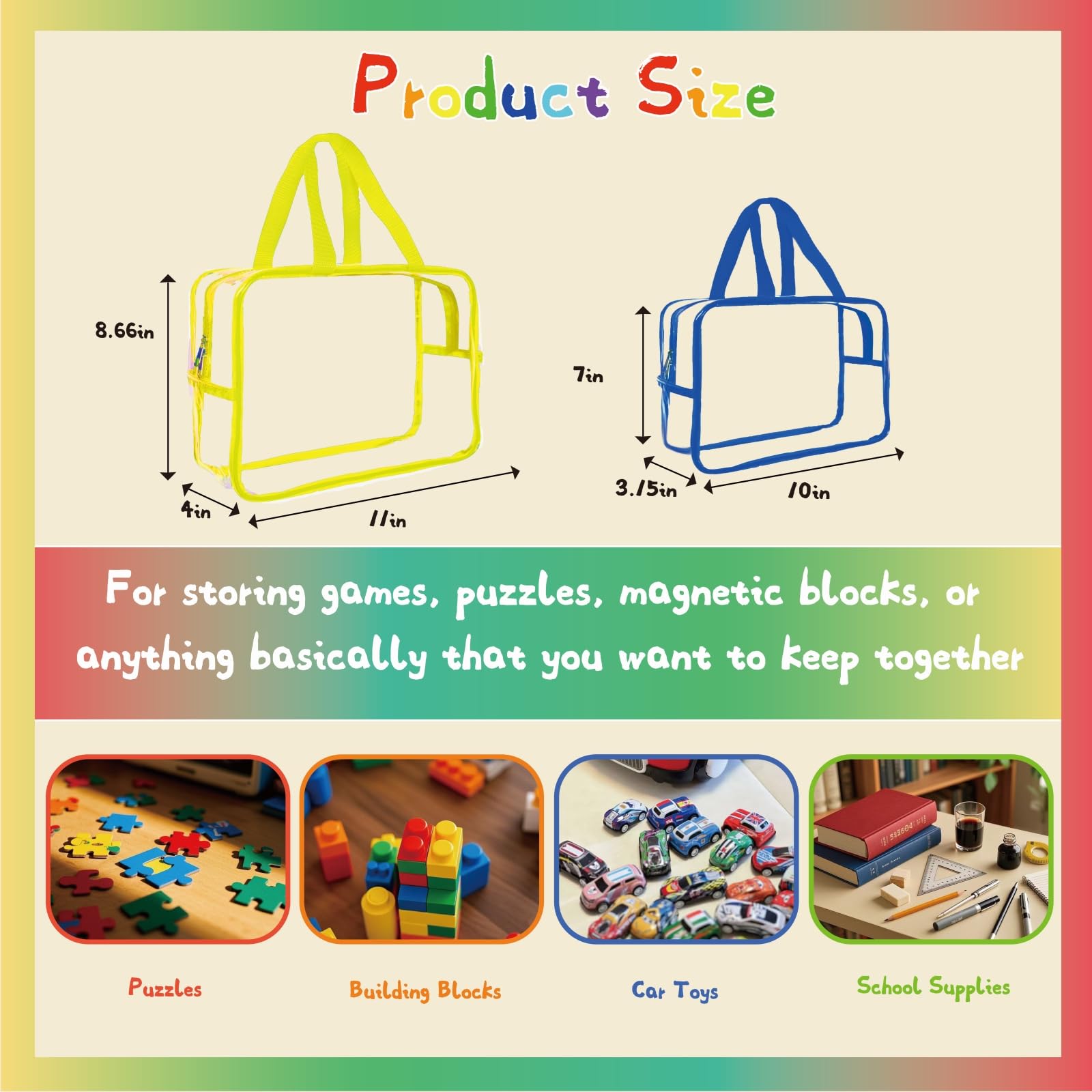 6 Packs Large Toy Storage Bags, Toy Organizer Bags with Double Zipper, Reusable Dust-Proof Waterproof Clear Thick PVC Toy Bags for Board Game, Building Blocks, Puzzle, Books, Small Crafts